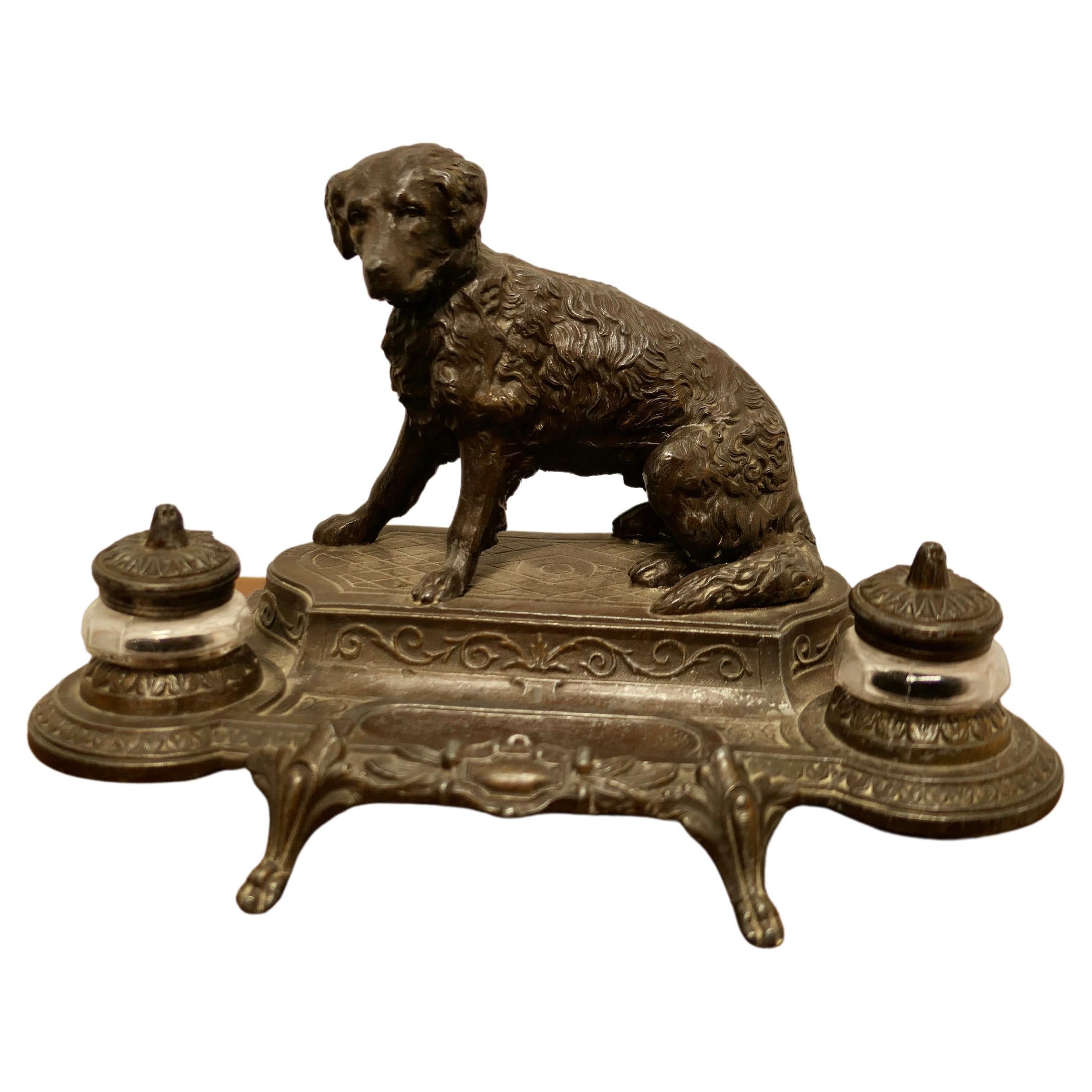 French 2 Pot Inkwell Stand with a Hunting Retriever Dog For Sale