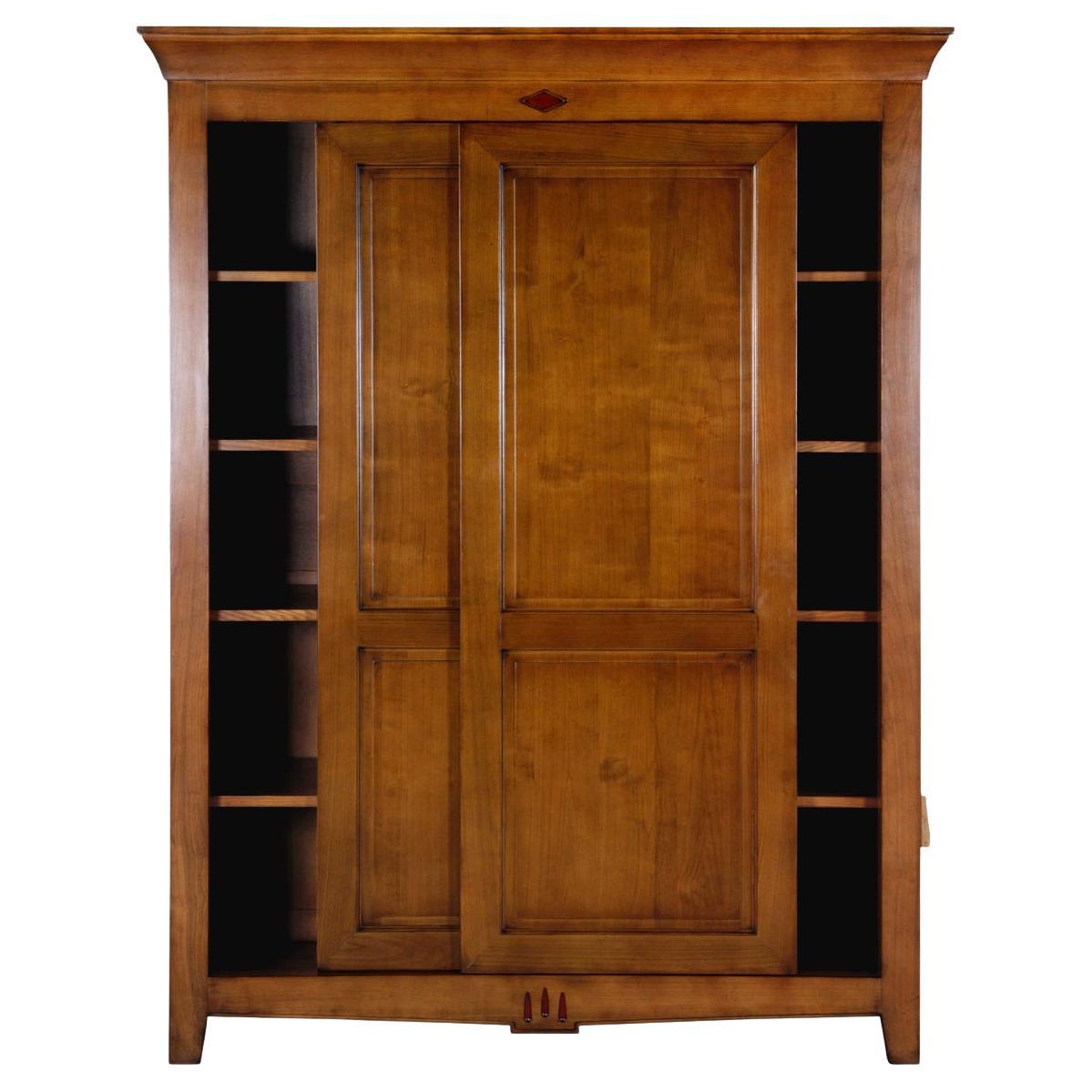 Large DIRECTOIRE style 2 sliding door Armoire Wardrobe in solid cherry, France For Sale