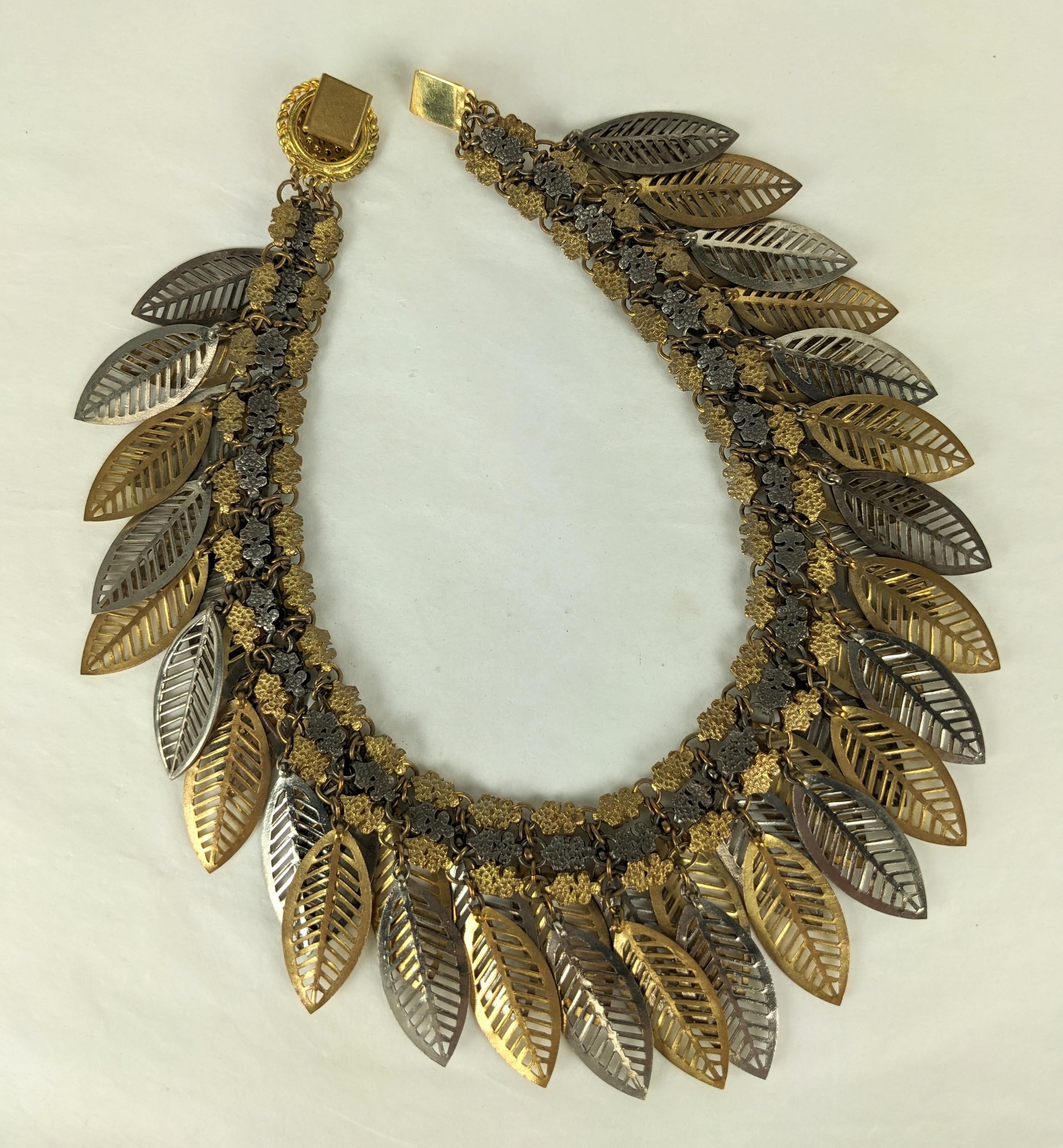 Striking and Unusual French 2 Toned Haute Couture Leaf Collar of elaborate filigree links with dozens of pierced leaves in silver and gold plate. France 1950's. 14.5