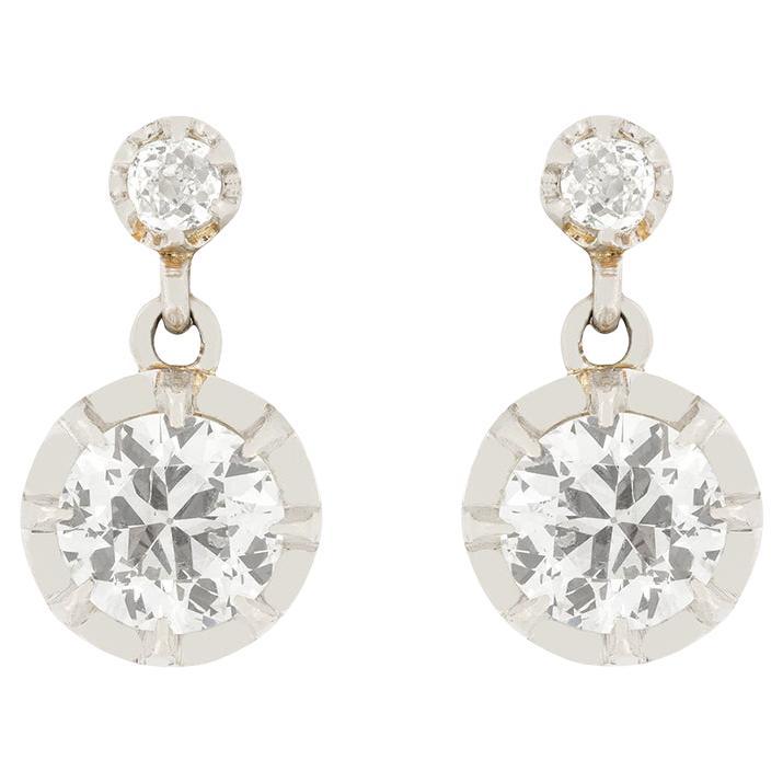 French 2.00ct Old Cut Diamond Earrings, c.1910s For Sale