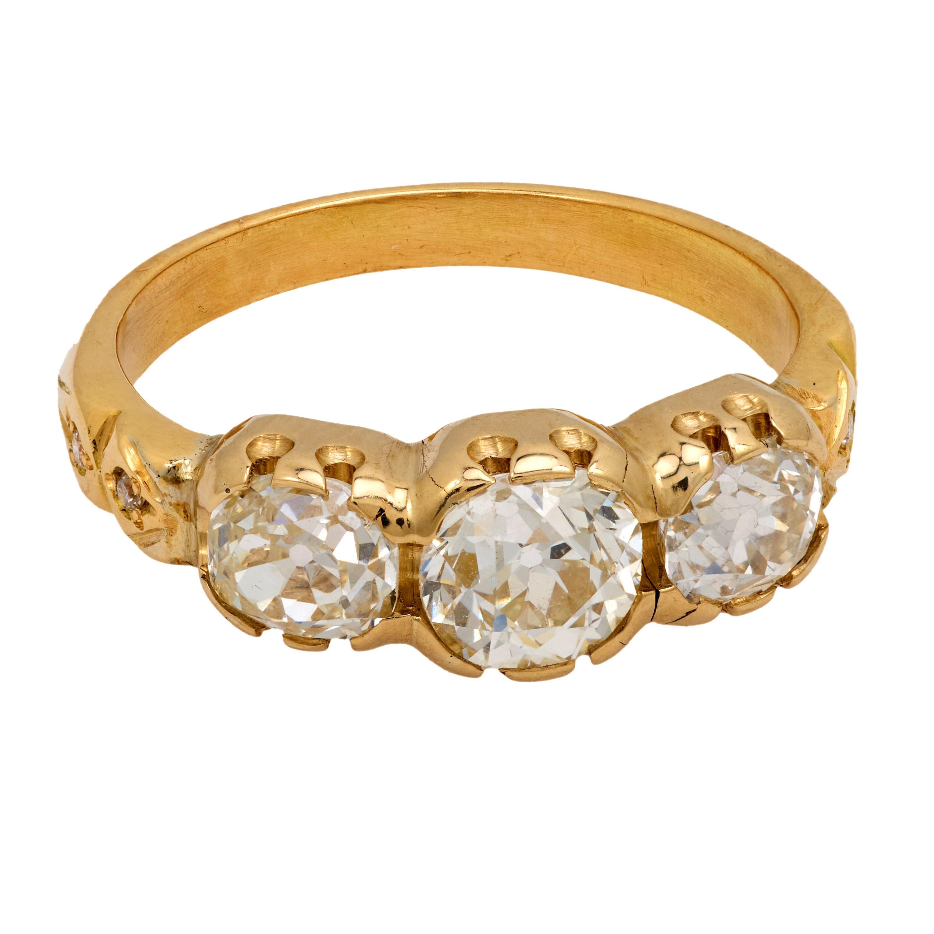 Victorian French 2.05 carat old European cut diamond 18k yellow gold 3 stone ring For Sale