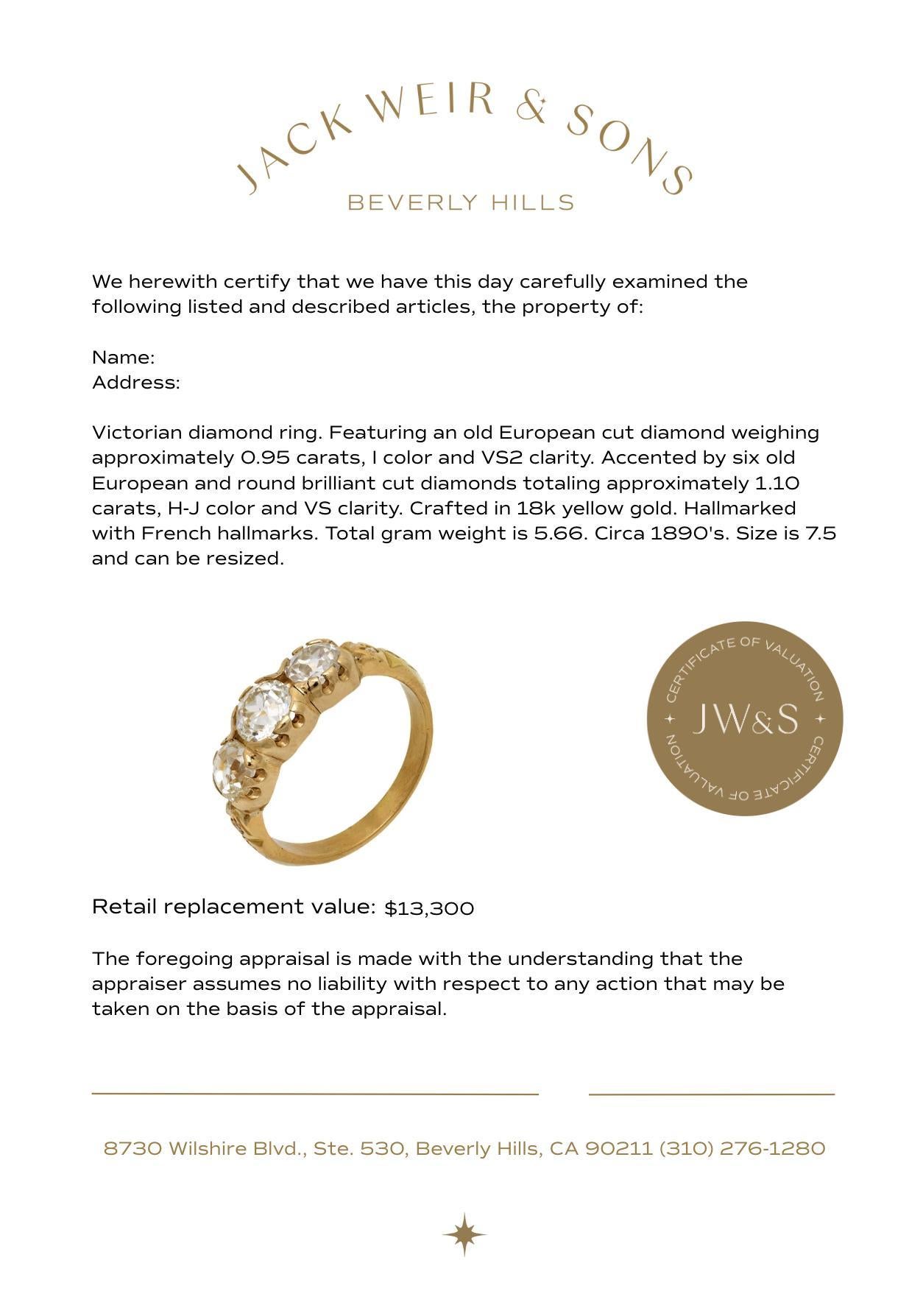 Women's French 2.05 carat old European cut diamond 18k yellow gold 3 stone ring For Sale