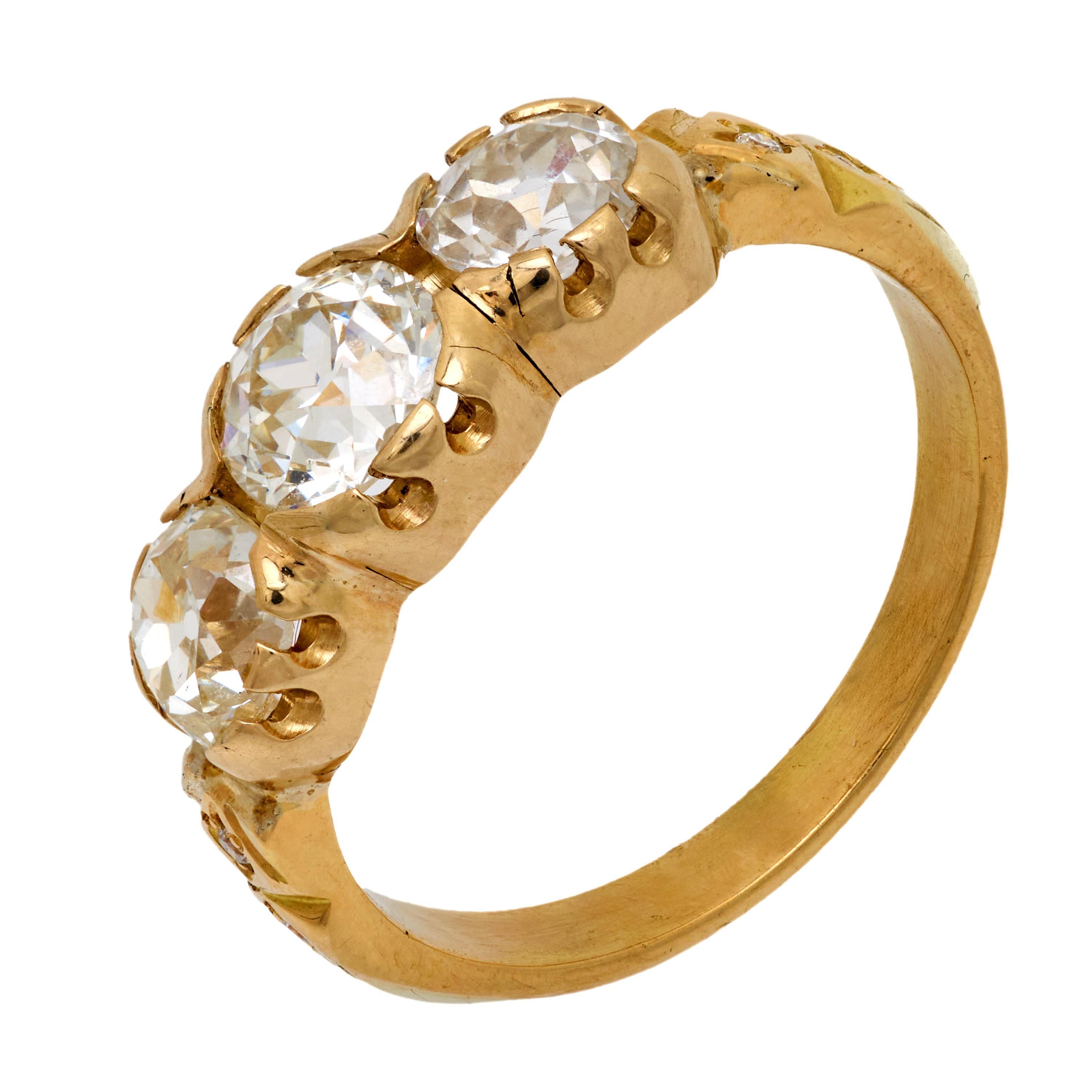 French 2.05 carat old European cut diamond 18k yellow gold 3 stone ring For Sale
