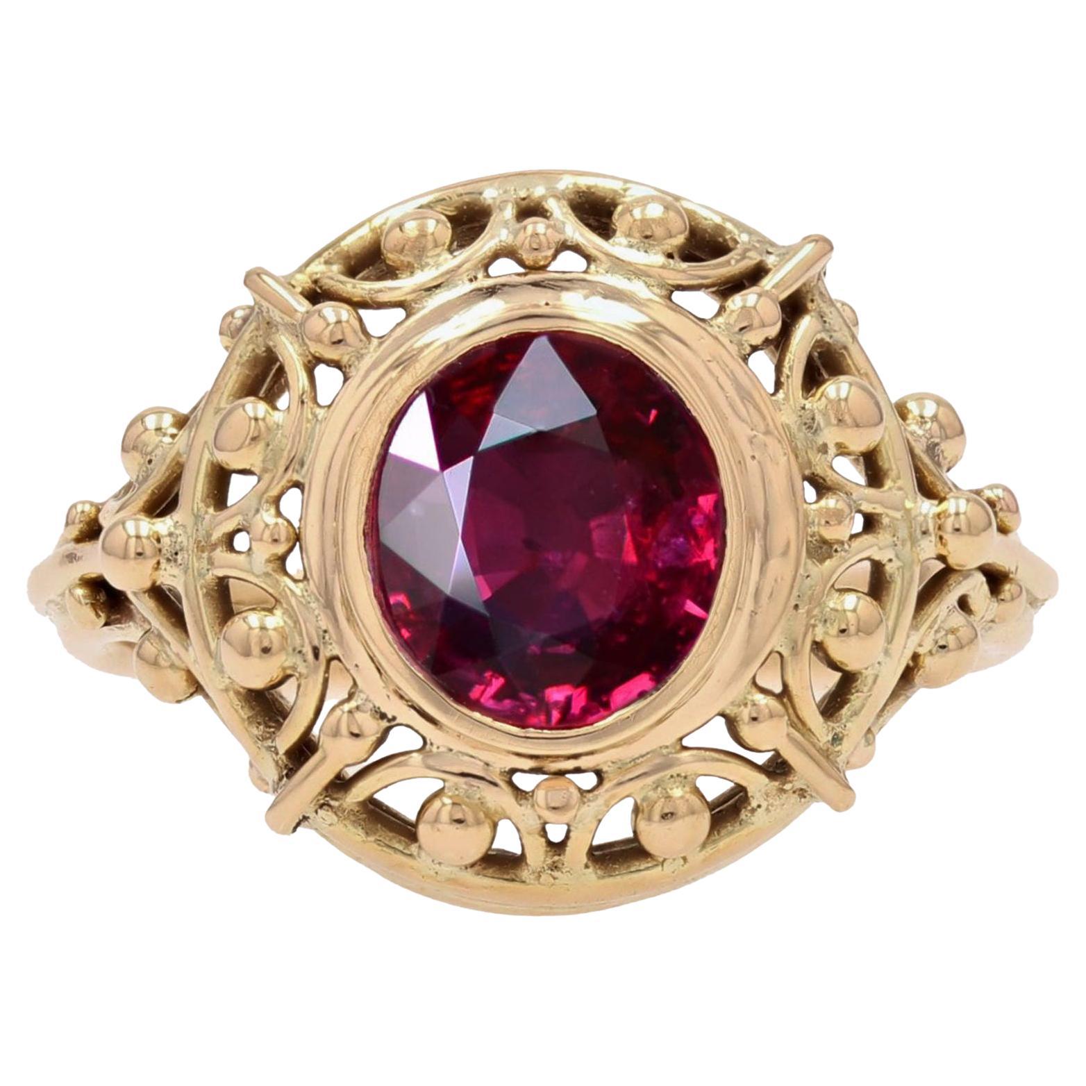 Bague française du 20ème siècle en or jaune 18 carats avec rubis naturel certifié de 1, 17 carat