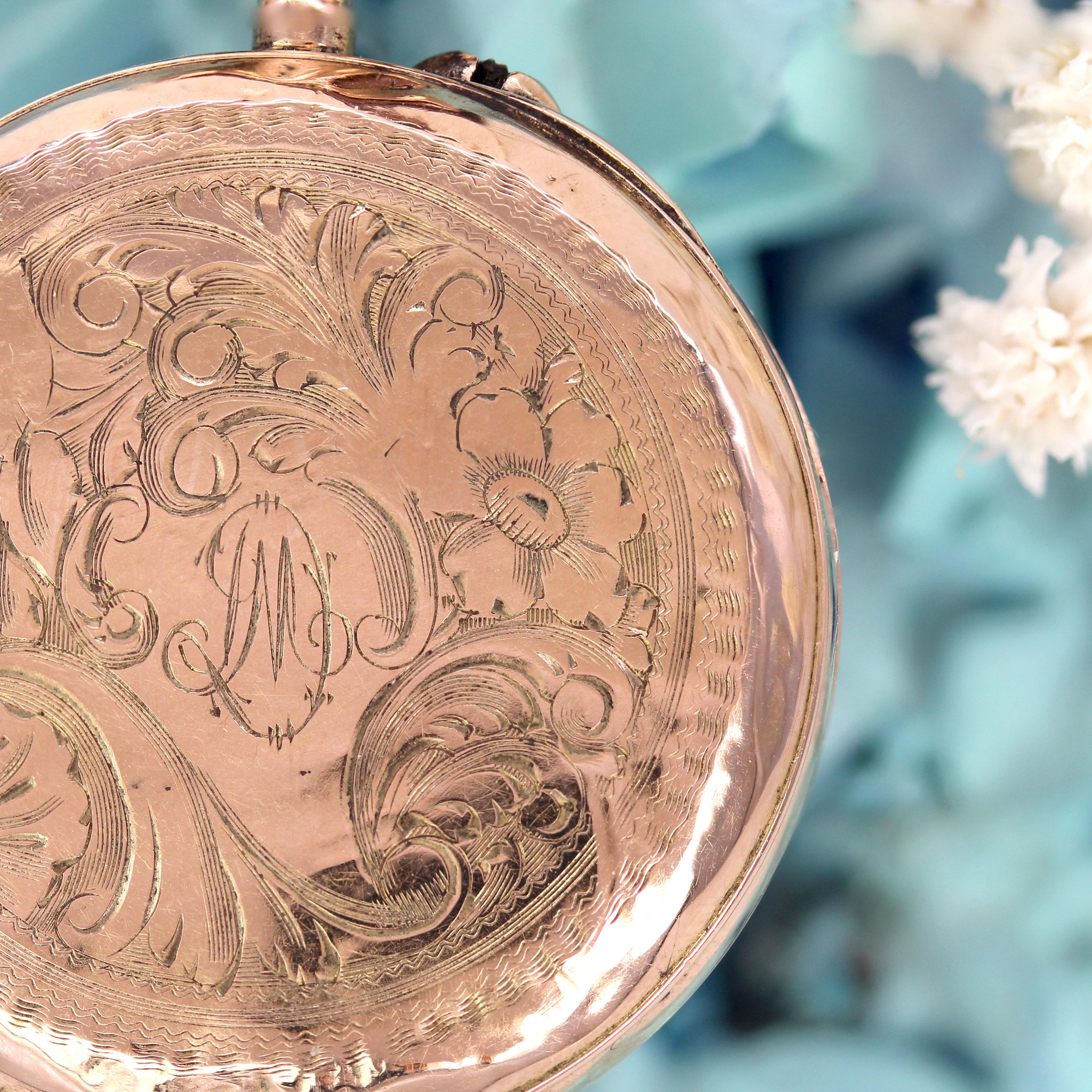 Pendentif de montre de poche en or rose 18 K avec initiales et motif floral en vente 5