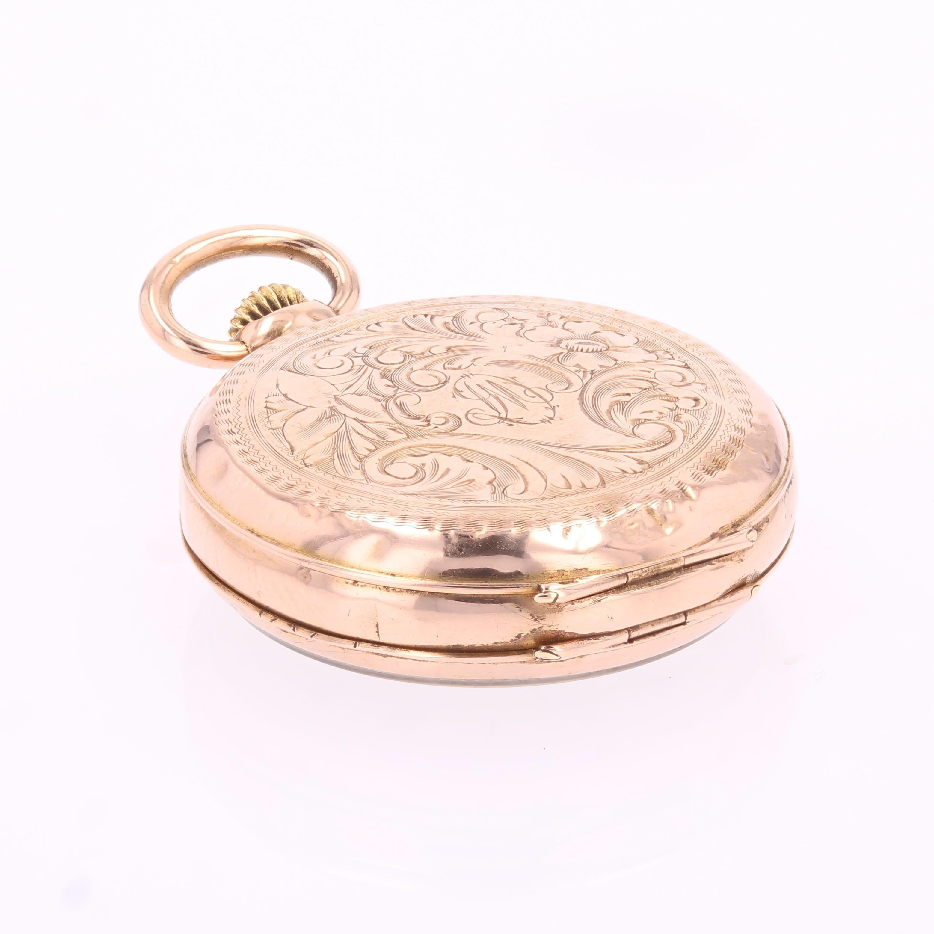 Pendentif de montre de poche en or rose 18 K avec initiales et motif floral en vente 7