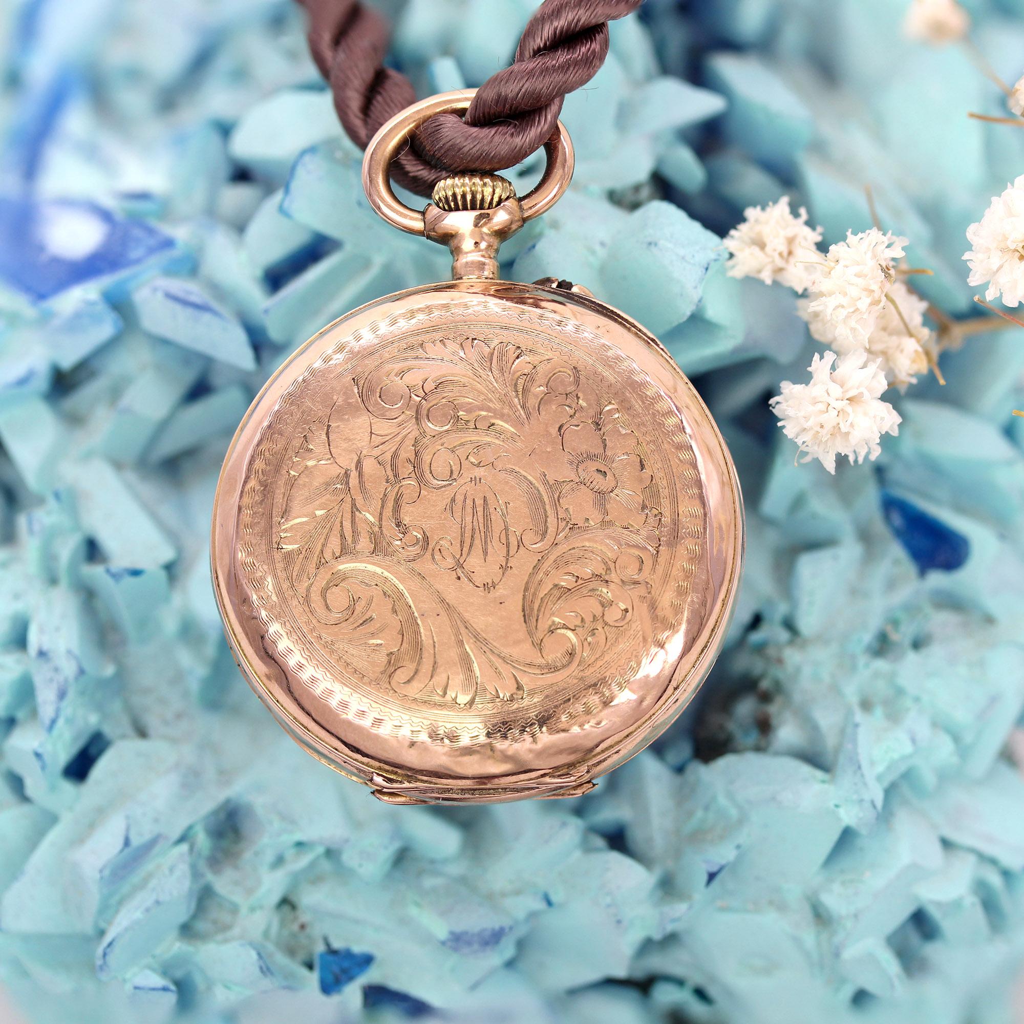 Pendentif de montre de poche en or rose 18 K avec initiales et motif floral État moyen - En vente à Poitiers, FR