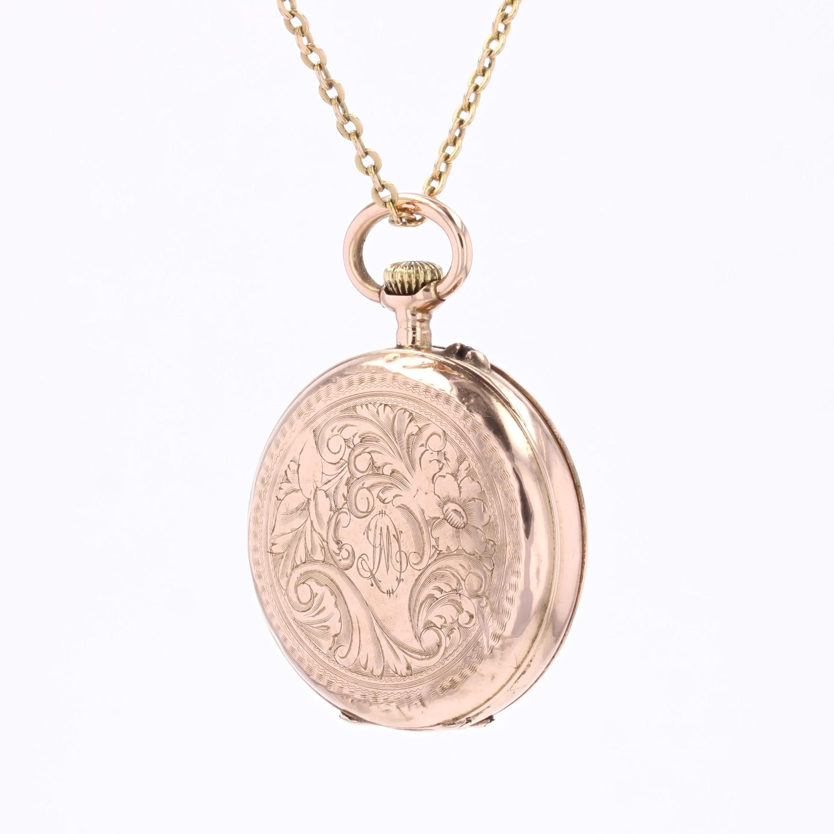 Pendentif de montre de poche en or rose 18 K avec initiales et motif floral Pour femmes en vente