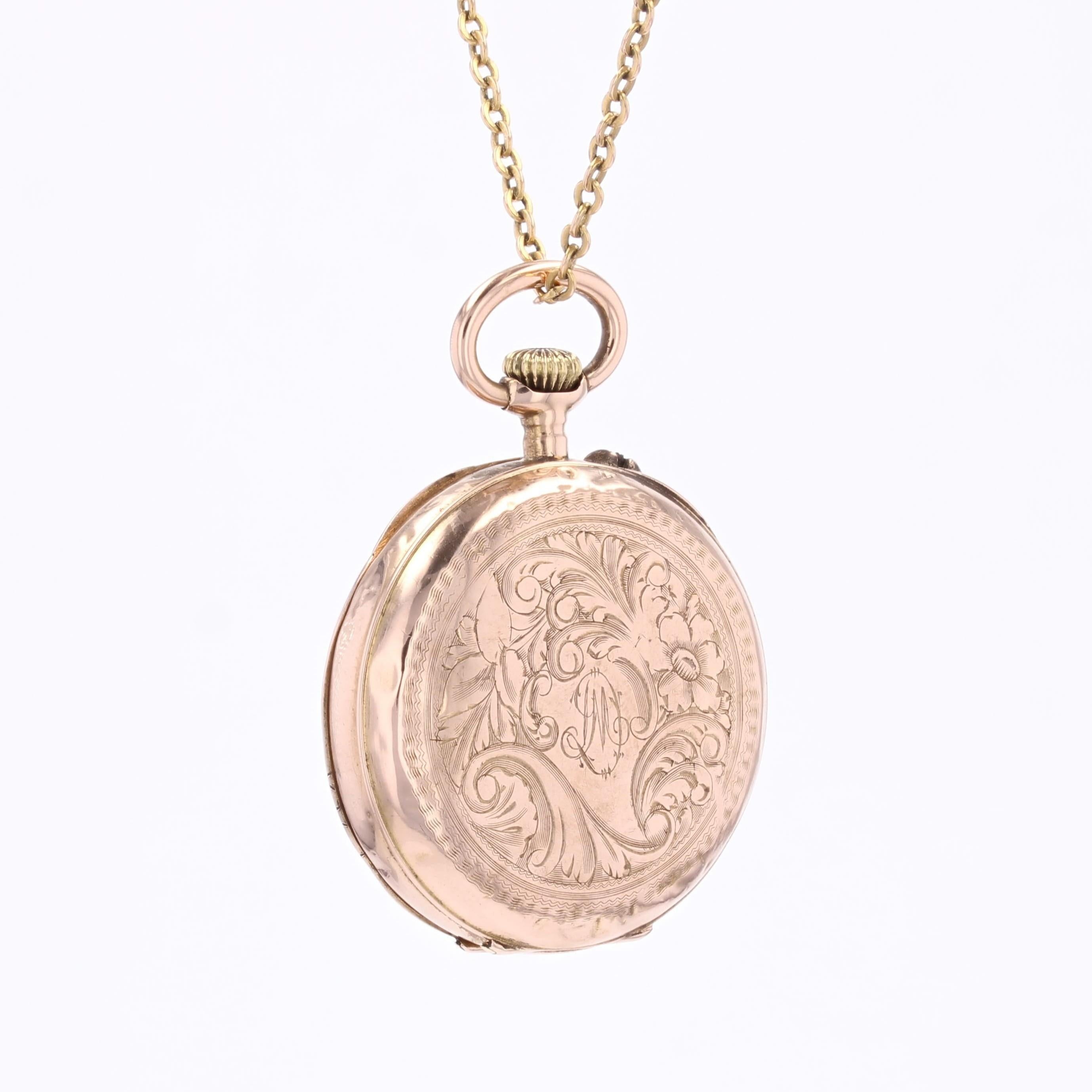 Pendentif de montre de poche en or rose 18 K avec initiales et motif floral en vente 1