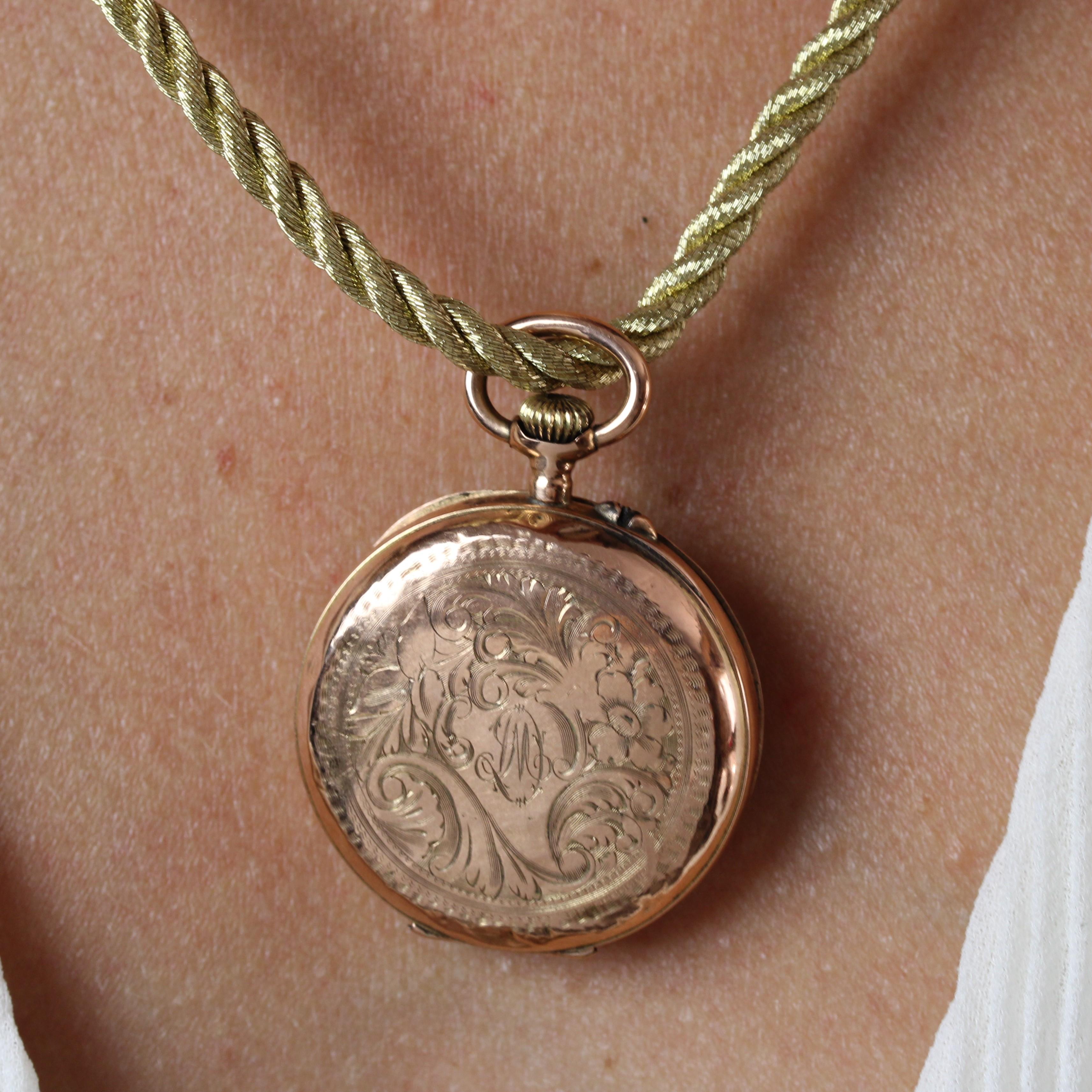 Pendentif de montre de poche en or rose 18 K avec initiales et motif floral en vente 3
