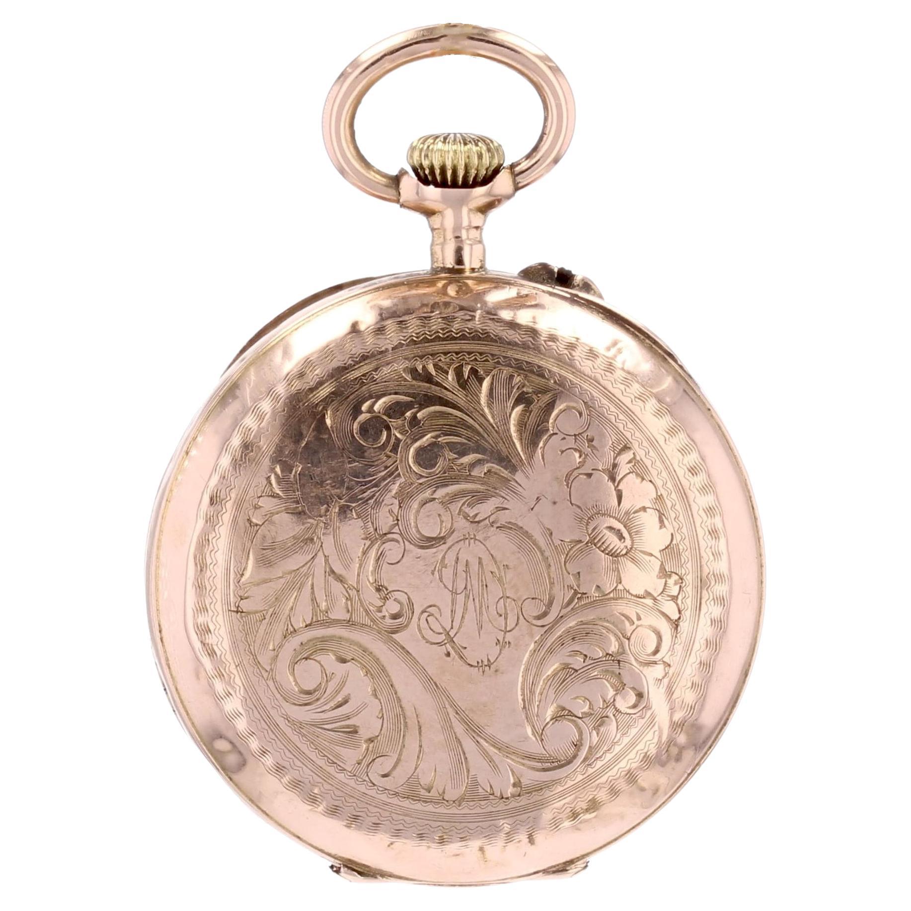 Pendentif de montre de poche en or rose 18 K avec initiales et motif floral