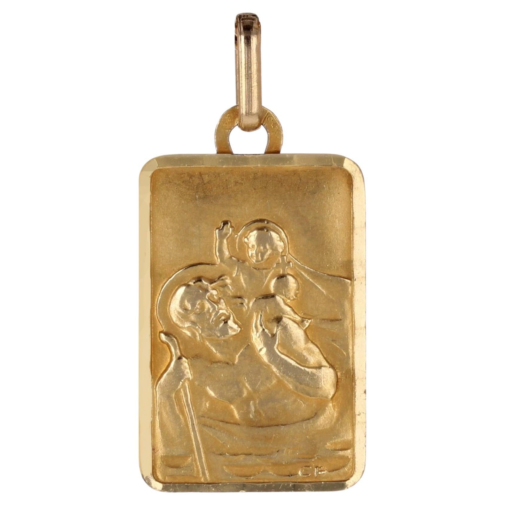 Colgante Medalla Rectangular San Cristóbal Francés Siglo XX Oro Amarillo 18 K