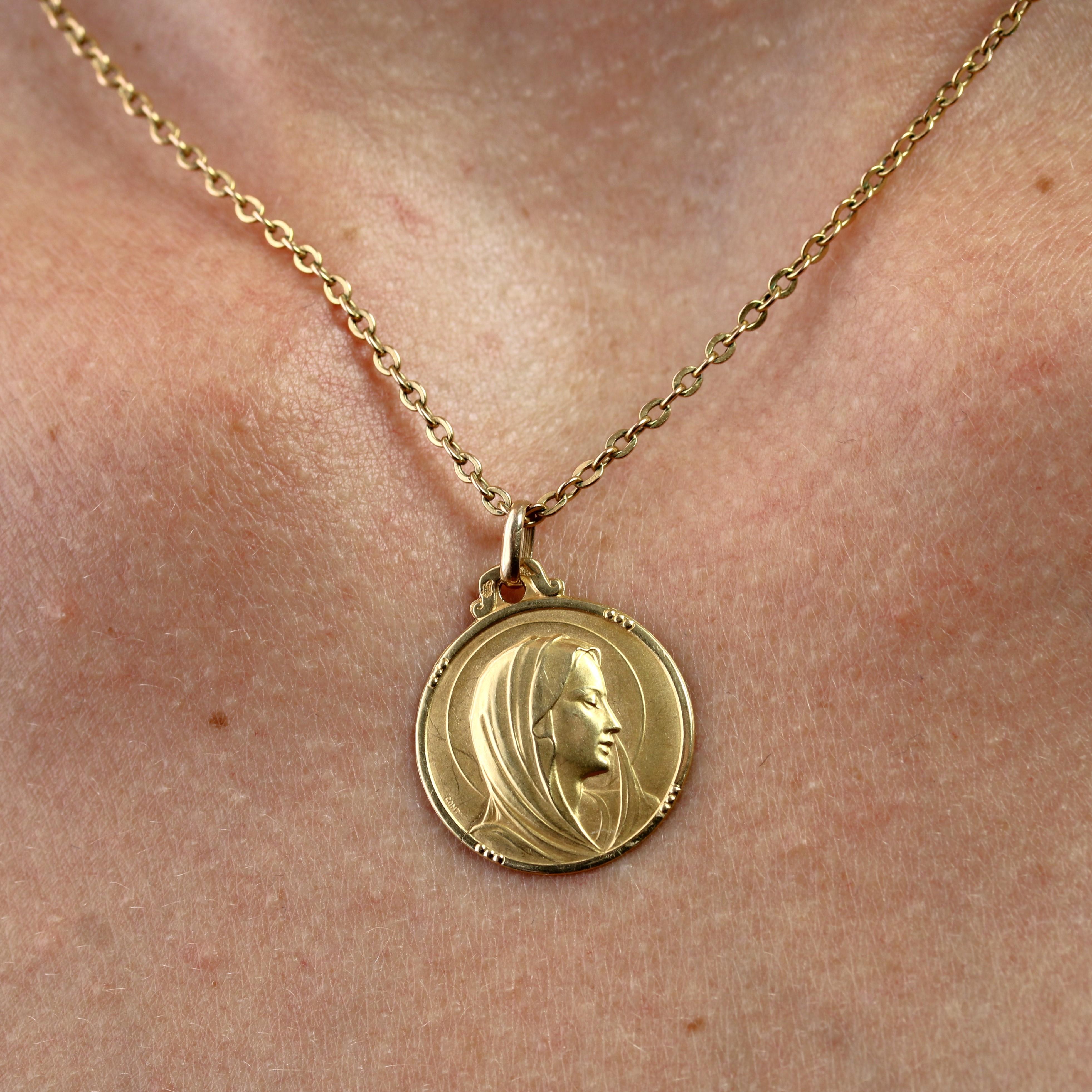 French 20th Century 18 K Yellow Gold Virgin Mary Contaux Signed Medal Pendant 1