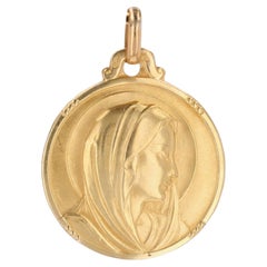 French 20th Century 18 K Yellow Gold Virgin Mary Contaux Signed Medal Pendant