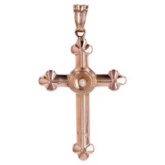 Vintage French 20th Century 18 Karat Rose Gold Fine Pearl Cross Pendant