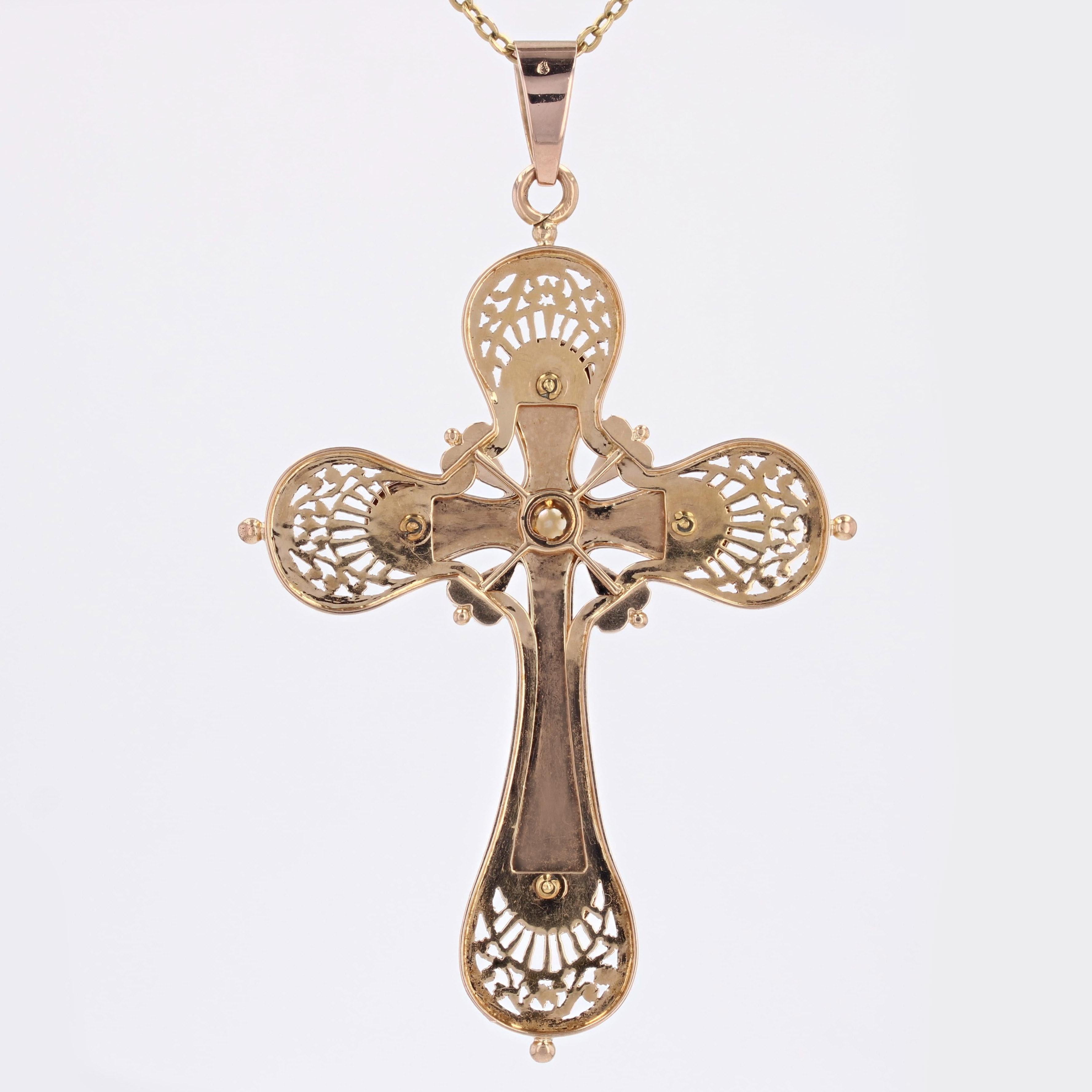 French 20th Century 18 Karat Rose Gold Fine Pearls Large Cross For Sale 4