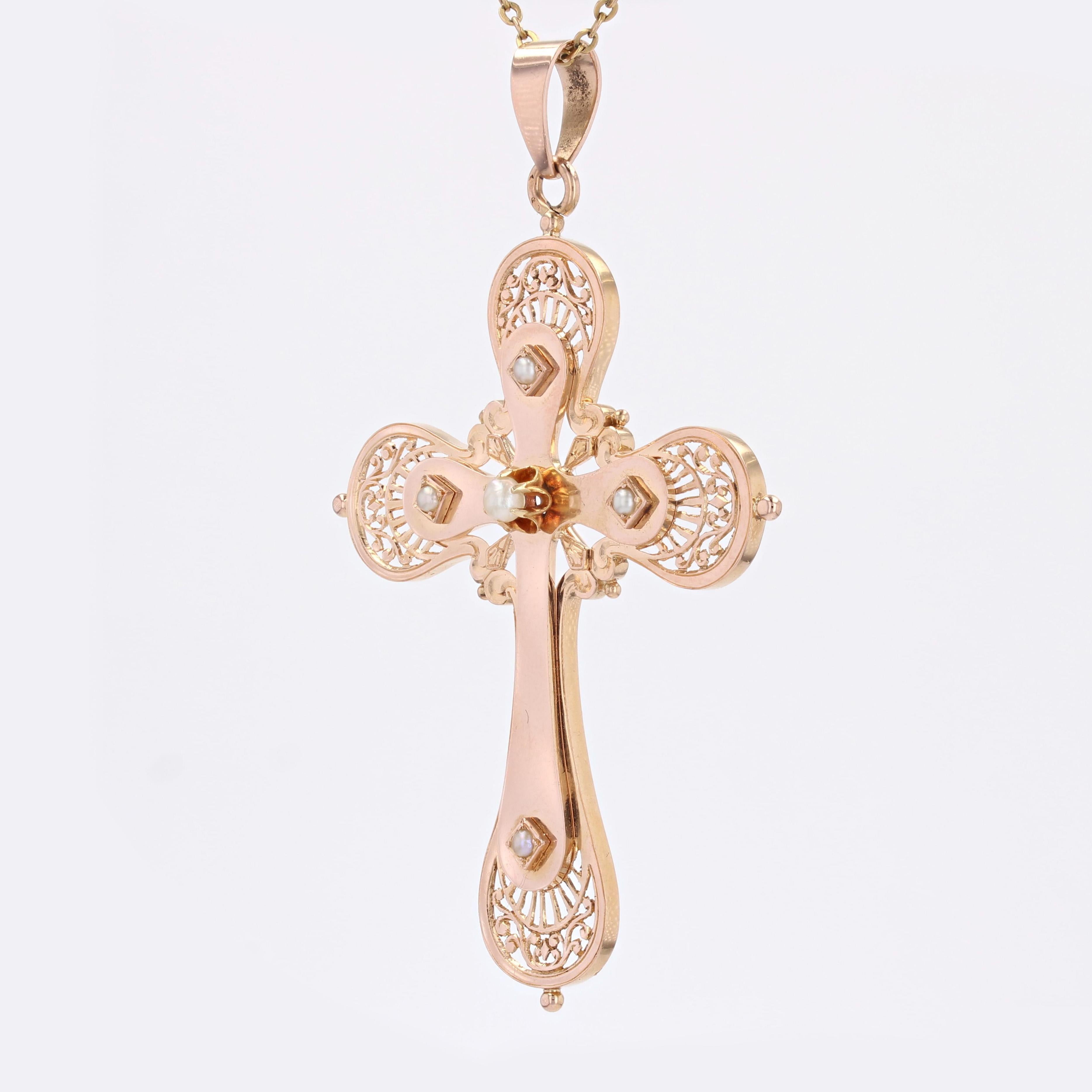 Bead French 20th Century 18 Karat Rose Gold Fine Pearls Large Cross For Sale