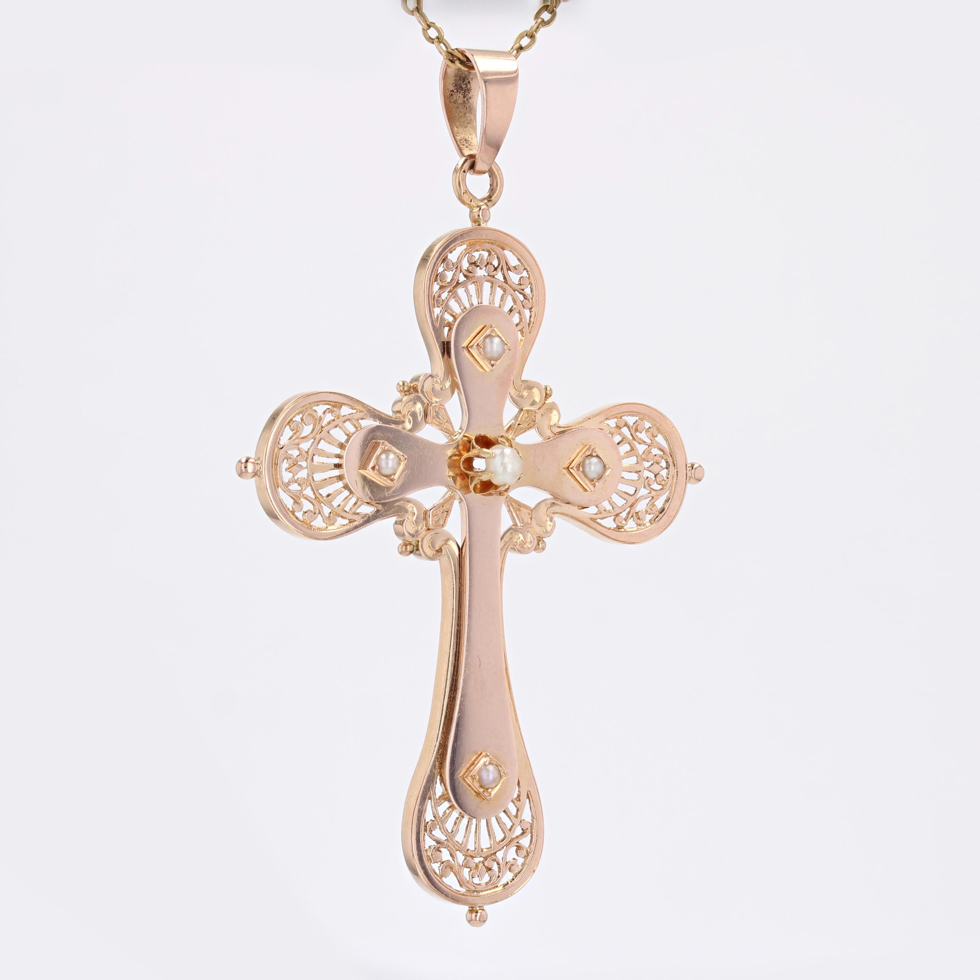 Französisches großes Kreuz aus 18 Karat Roségold mit feinen Perlen, 20. Jahrhundert Damen im Angebot