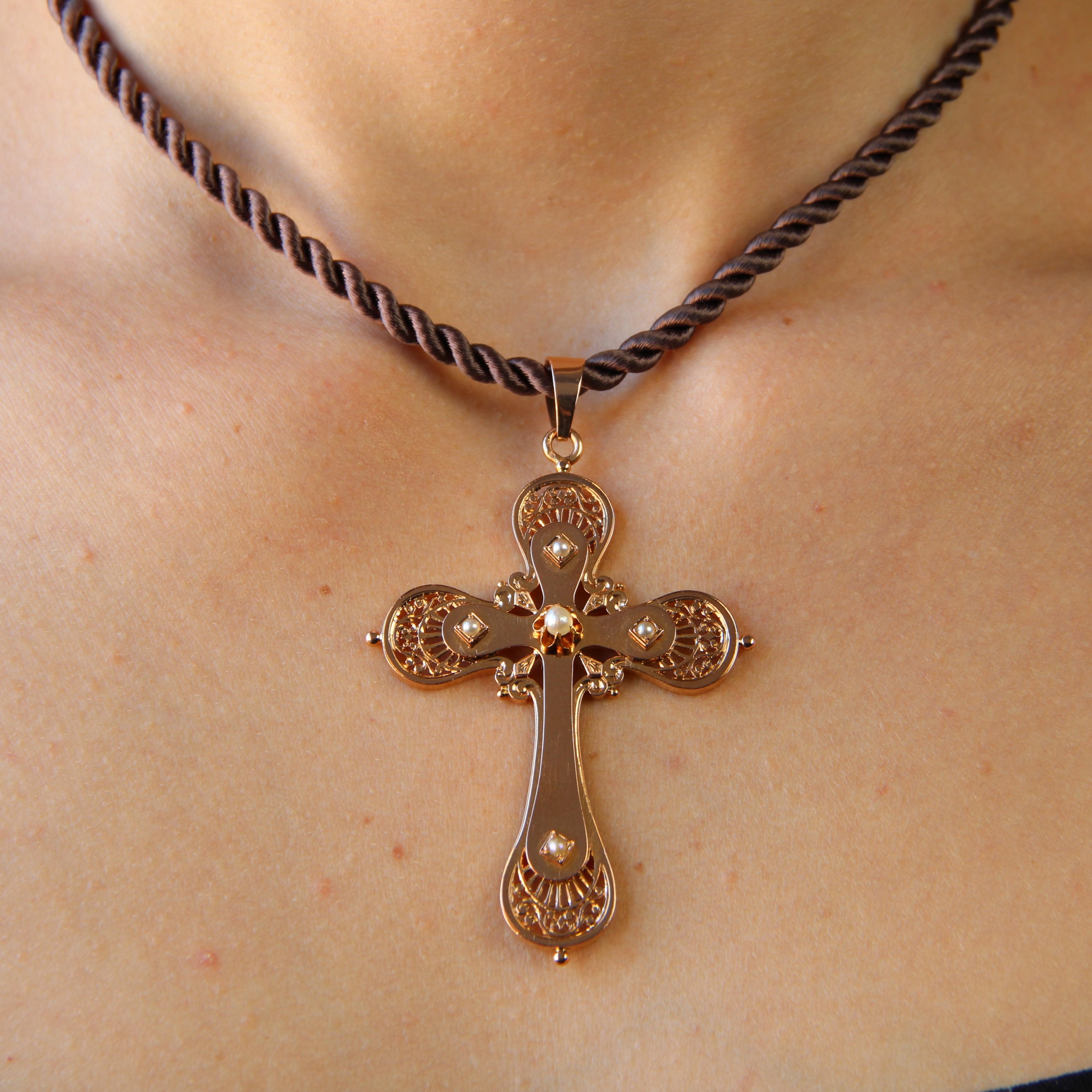 French 20th Century 18 Karat Rose Gold Fine Pearls Large Cross For Sale 1
