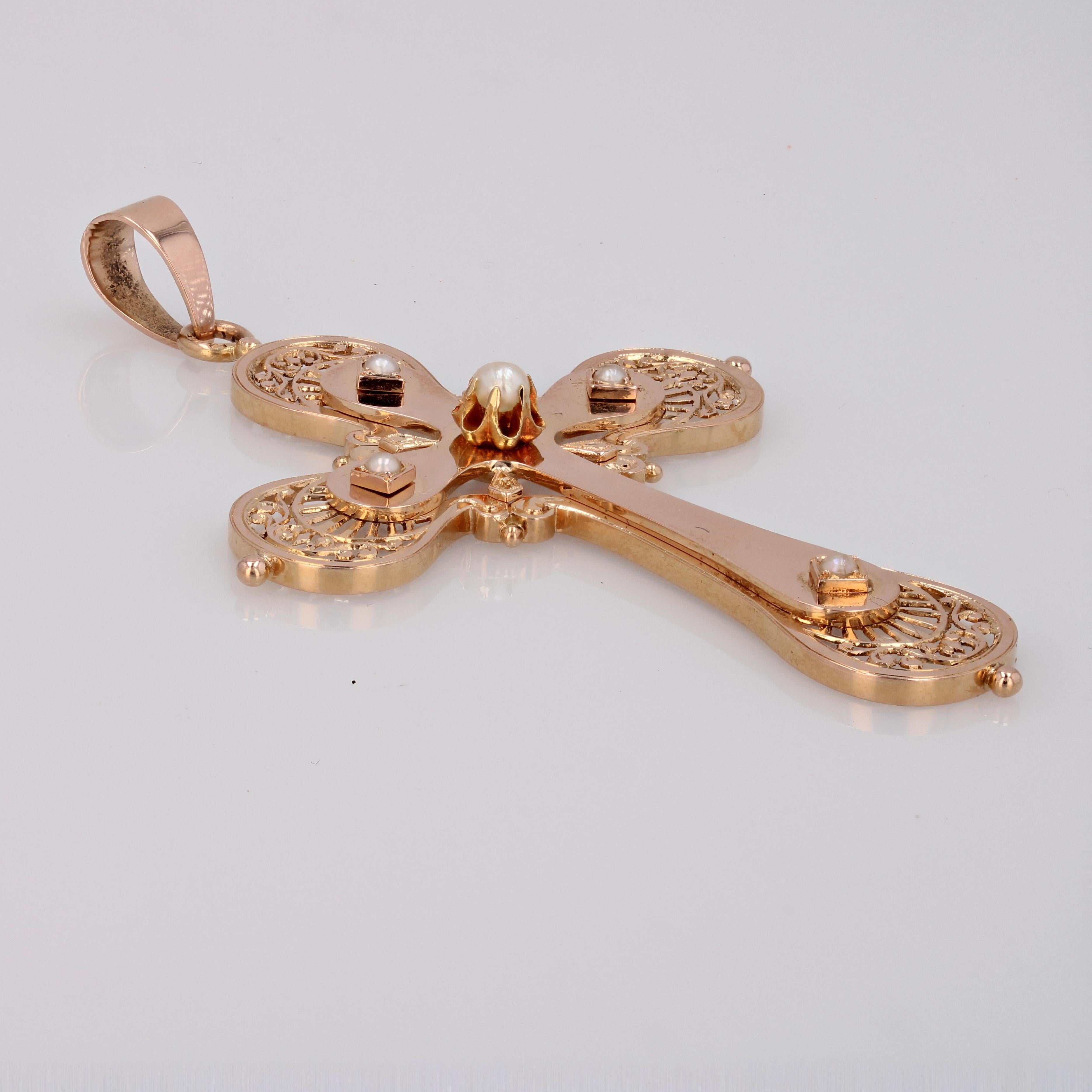 French 20th Century 18 Karat Rose Gold Fine Pearls Large Cross For Sale 2
