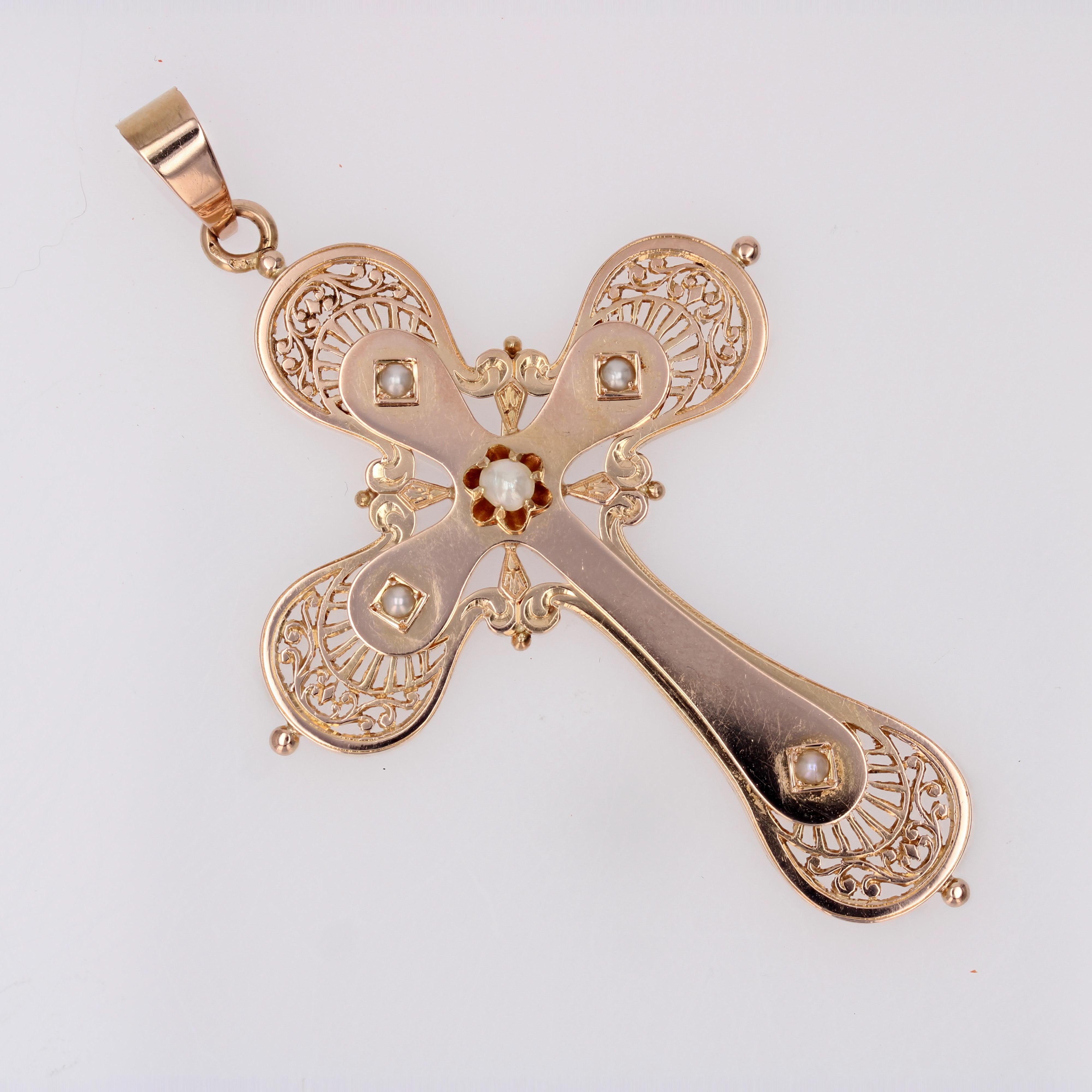 French 20th Century 18 Karat Rose Gold Fine Pearls Large Cross For Sale 3