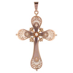 French 20th Century 18 Karat Rose Gold Fine Pearls Large Cross