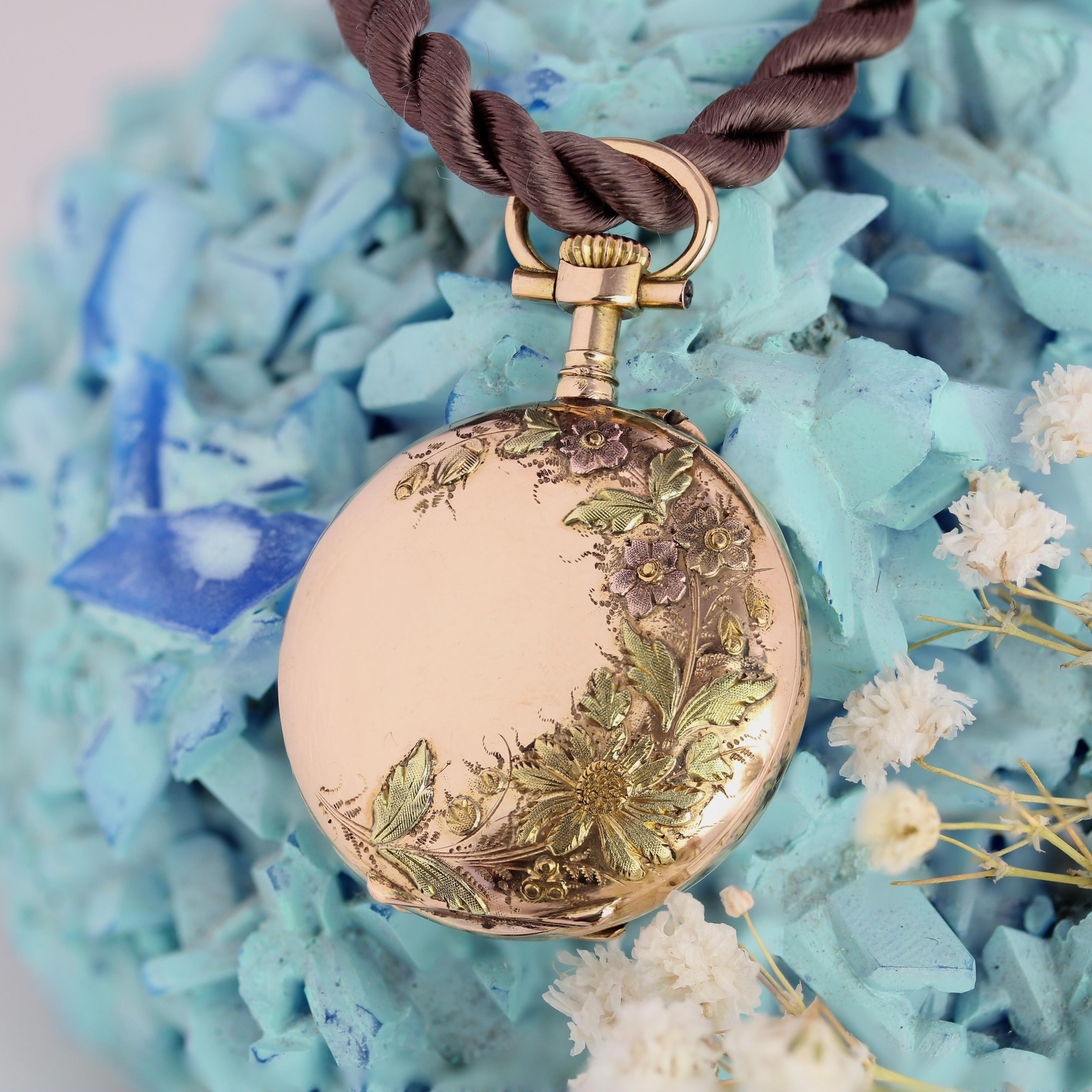 Pendentif de montre de poche en or rose 18 carats du 20e siècle, à motif floral Bon état - En vente à Poitiers, FR