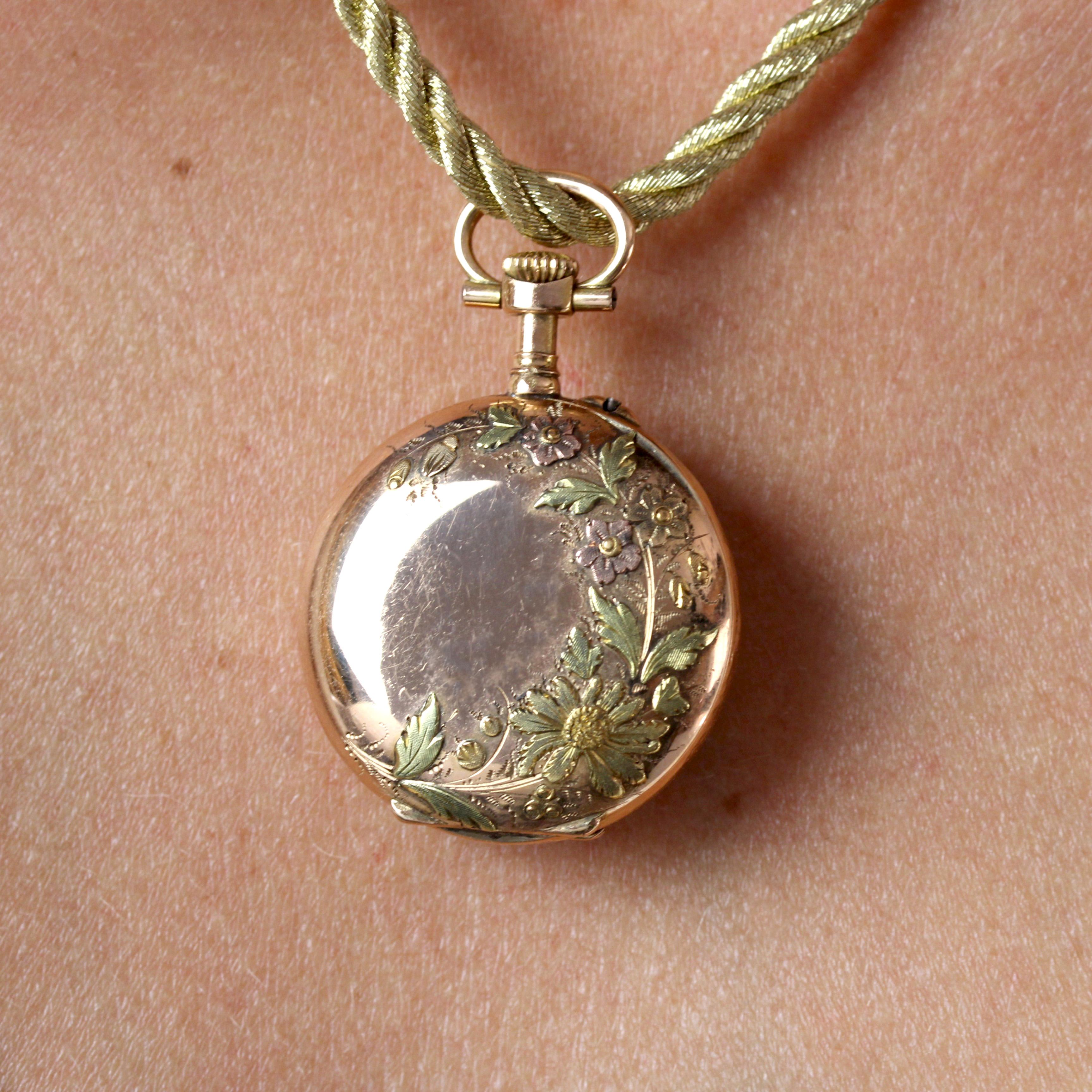 Pendentif de montre de poche en or rose 18 carats du 20e siècle, à motif floral en vente 3