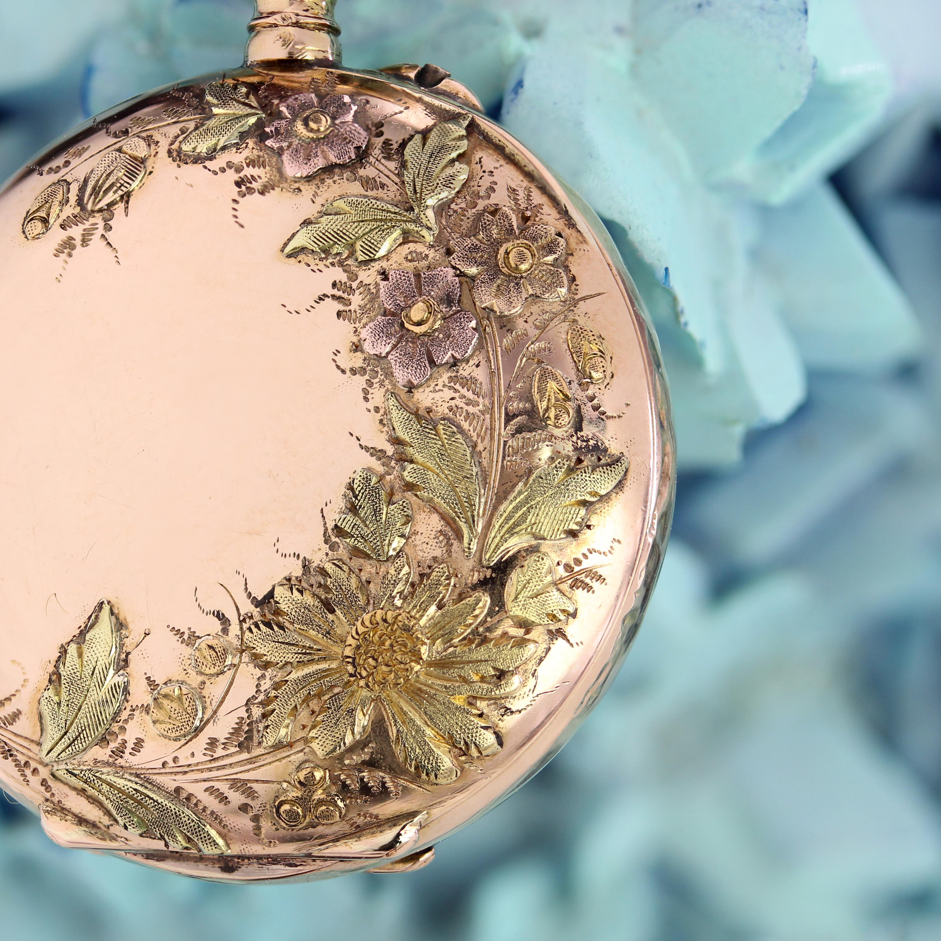 Pendentif de montre de poche en or rose 18 carats du 20e siècle, à motif floral en vente 4