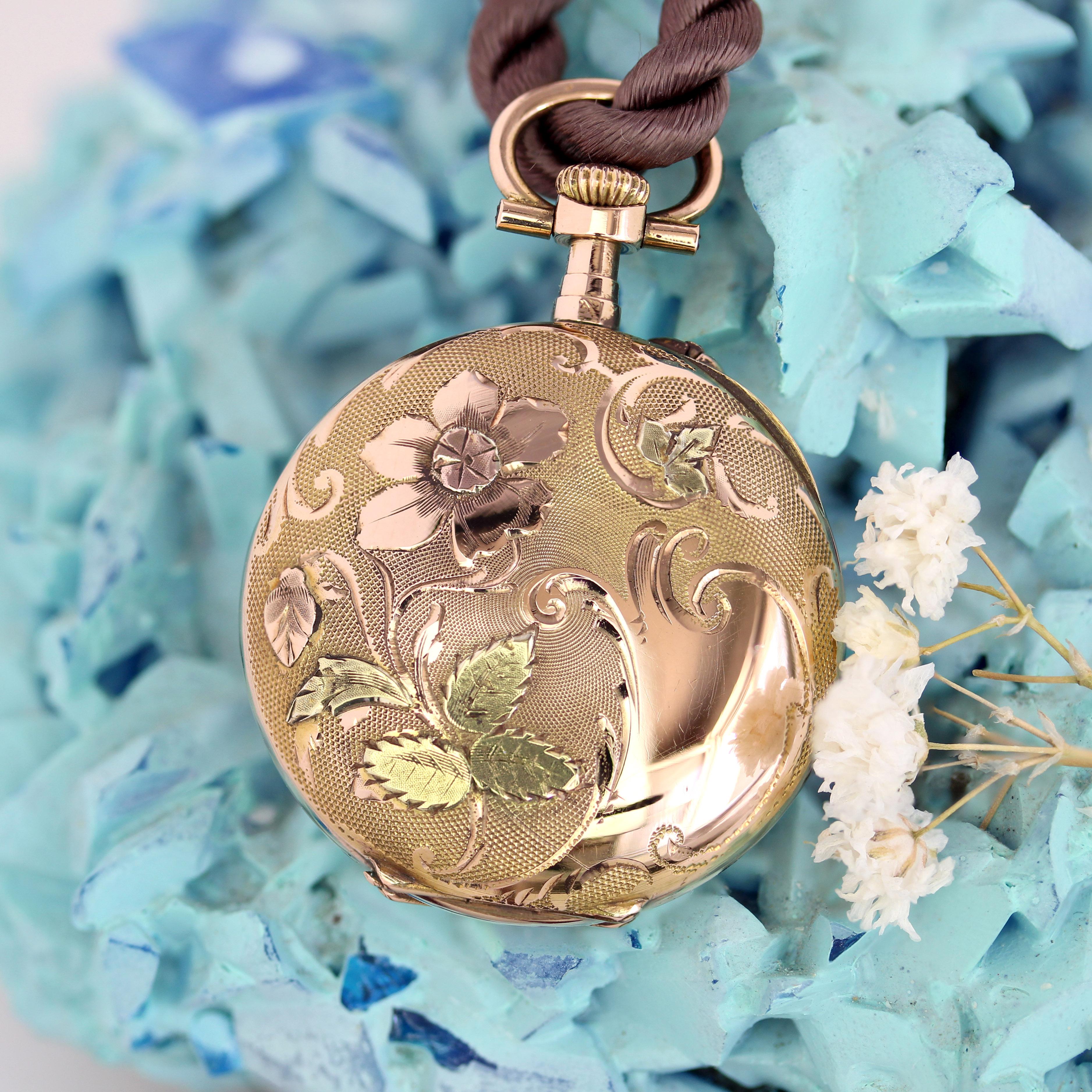 Pendentif de montre de poche en or rose 18 carats du 20e siècle, à motif de fleurs Bon état - En vente à Poitiers, FR