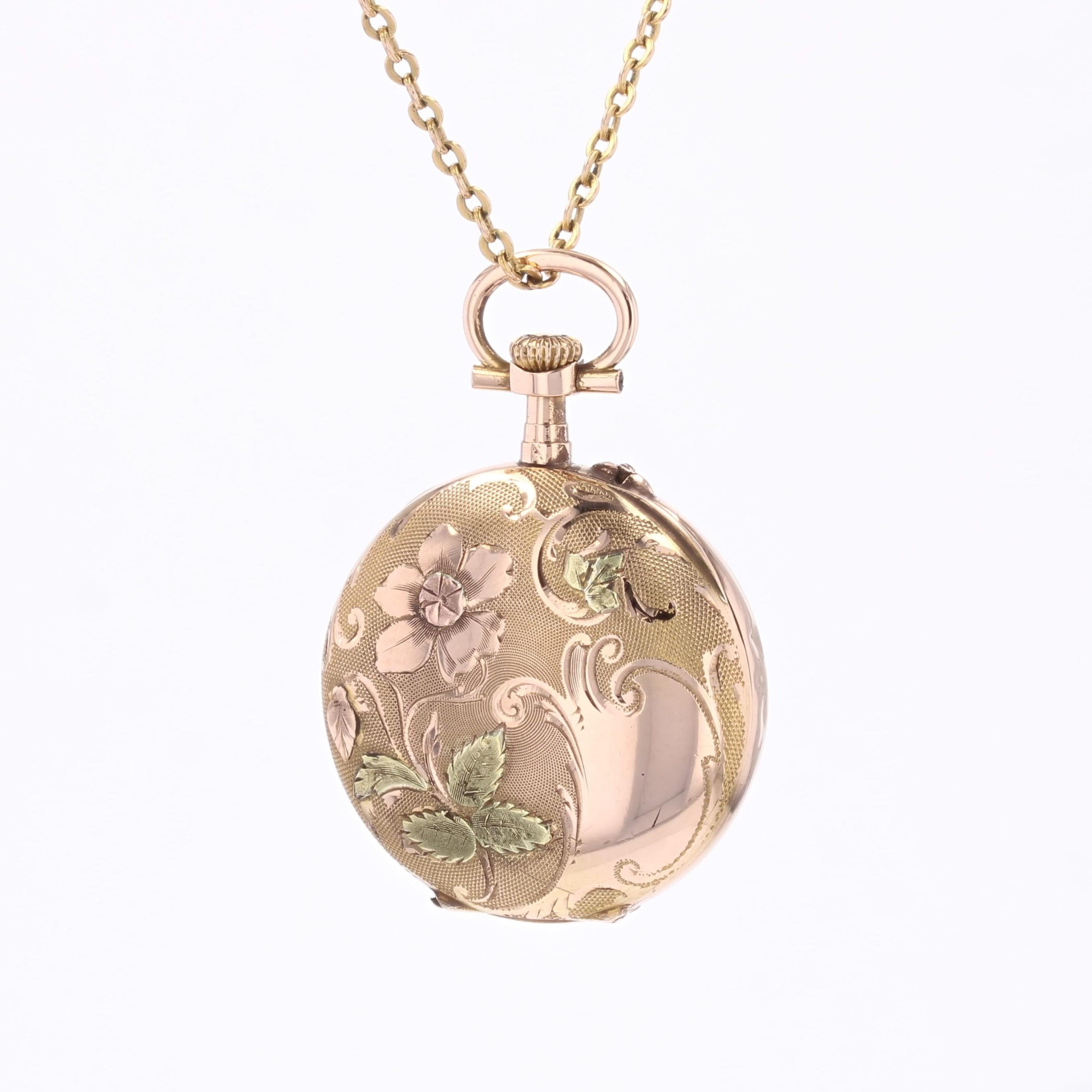 Pendentif de montre de poche en or rose 18 carats du 20e siècle, à motif de fleurs Pour femmes en vente