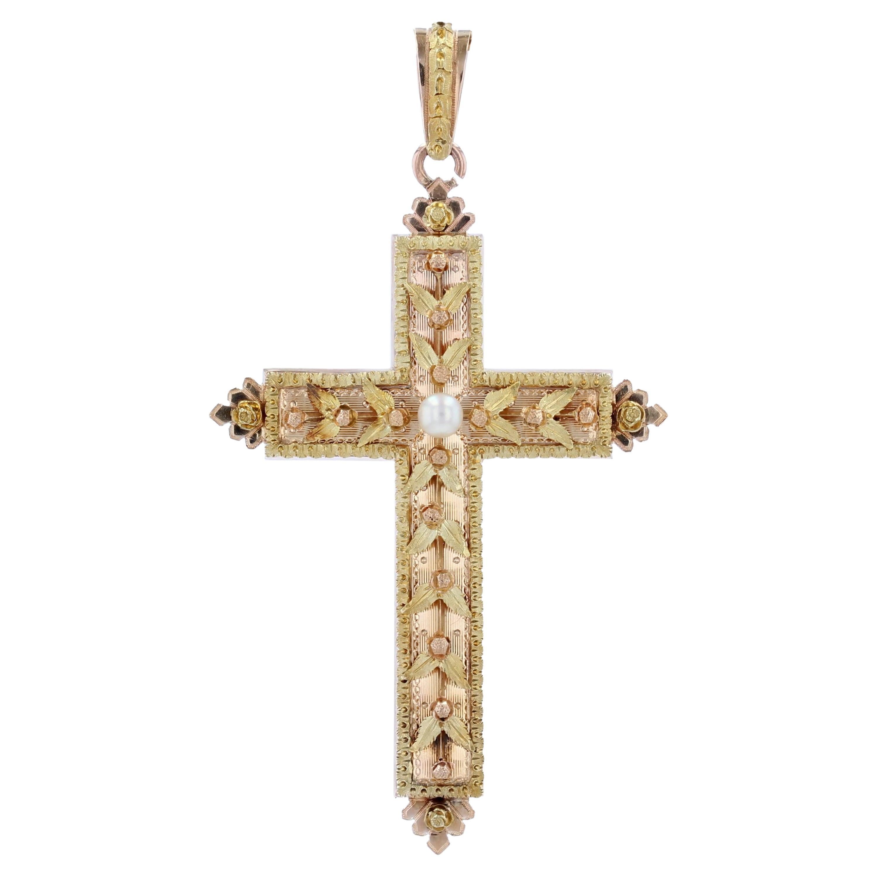 French 20th Century 18 Karat Rose Green Gold Cultured Pearl Cross