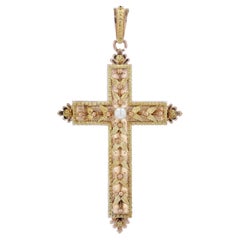 Antique French 20th Century 18 Karat Rose Green Gold Cultured Pearl Cross