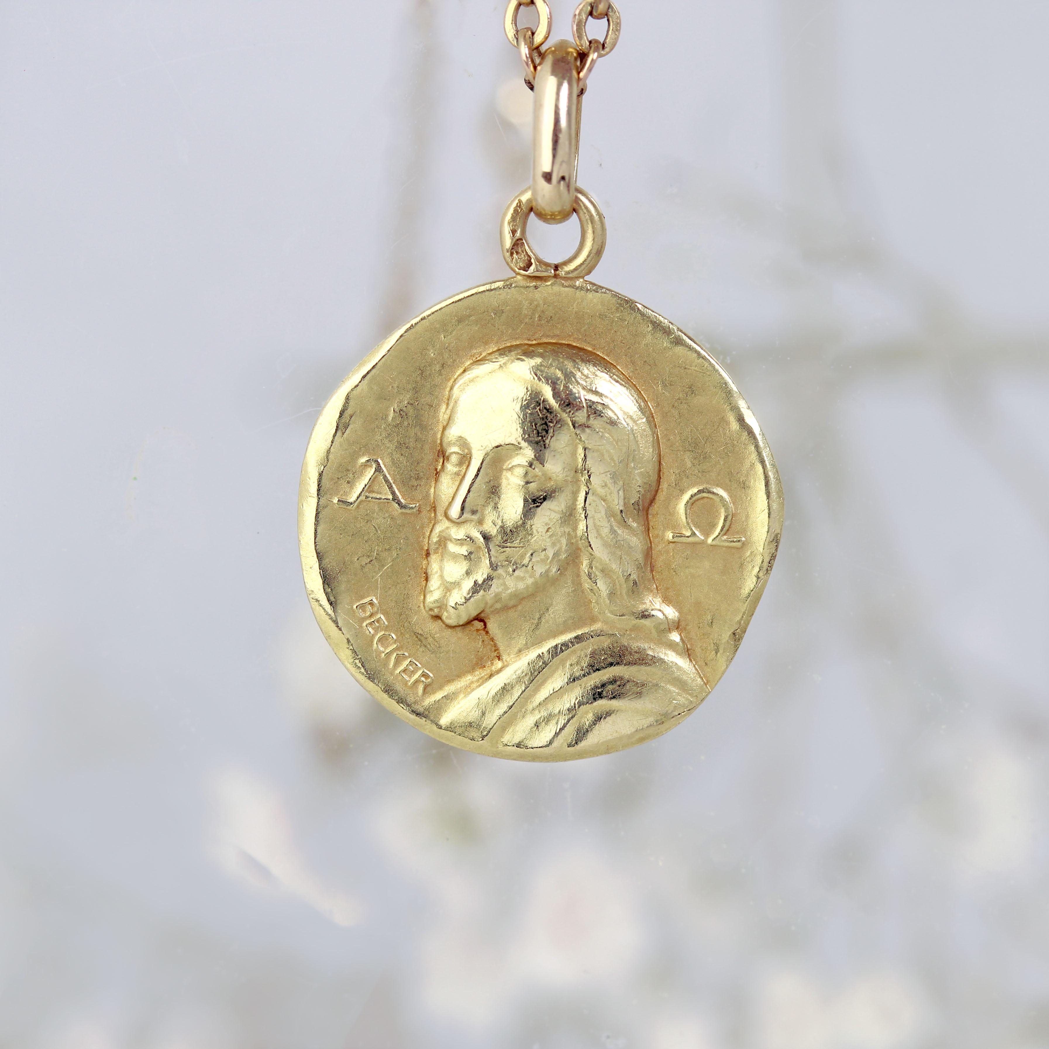 Retro French 20th Century 18 Karat Yellow Gold Becker Catacomb Christ Medal Pendant For Sale