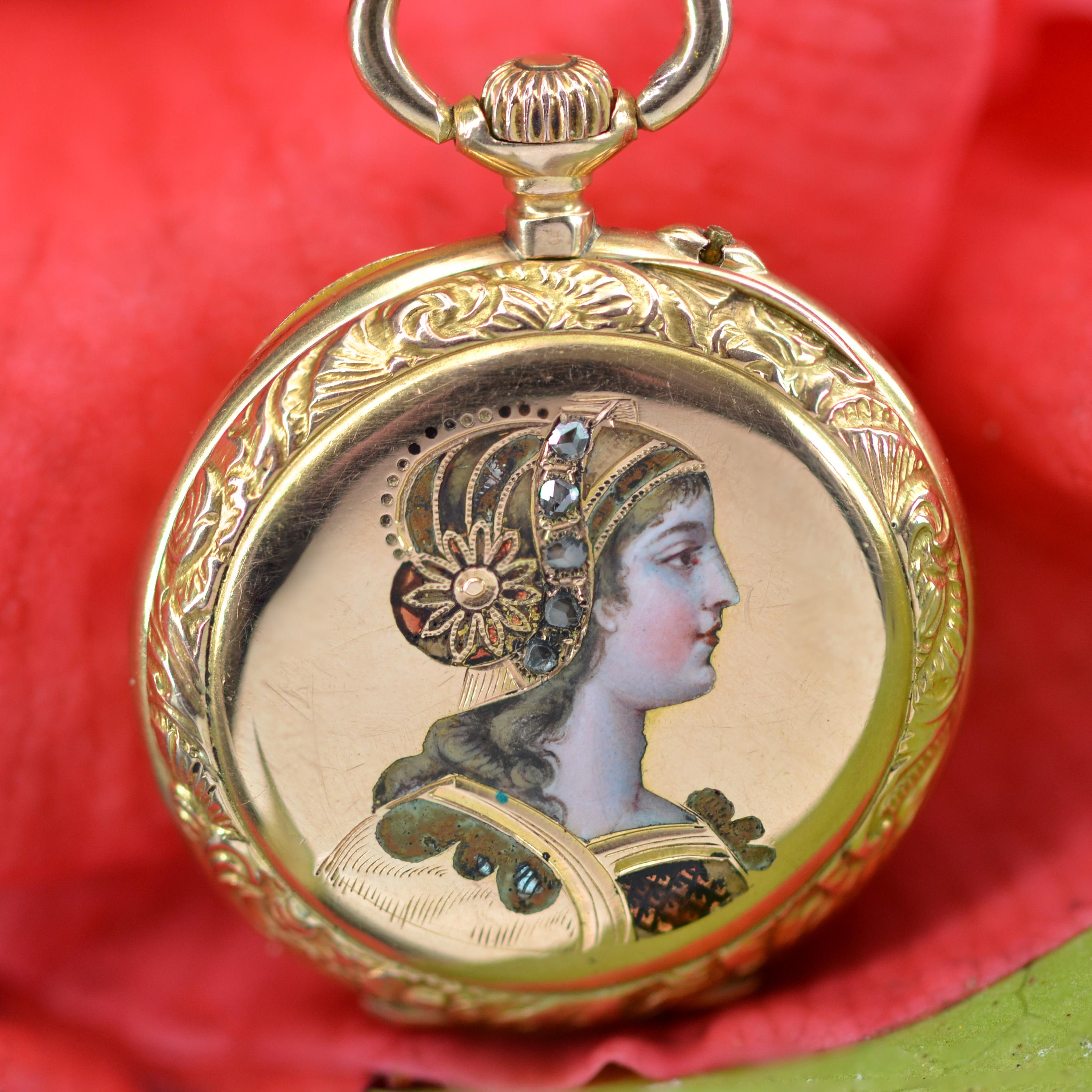 French 20th Century 18 Karat Yellow Gold Enamelled Pocket Watch For Sale 5