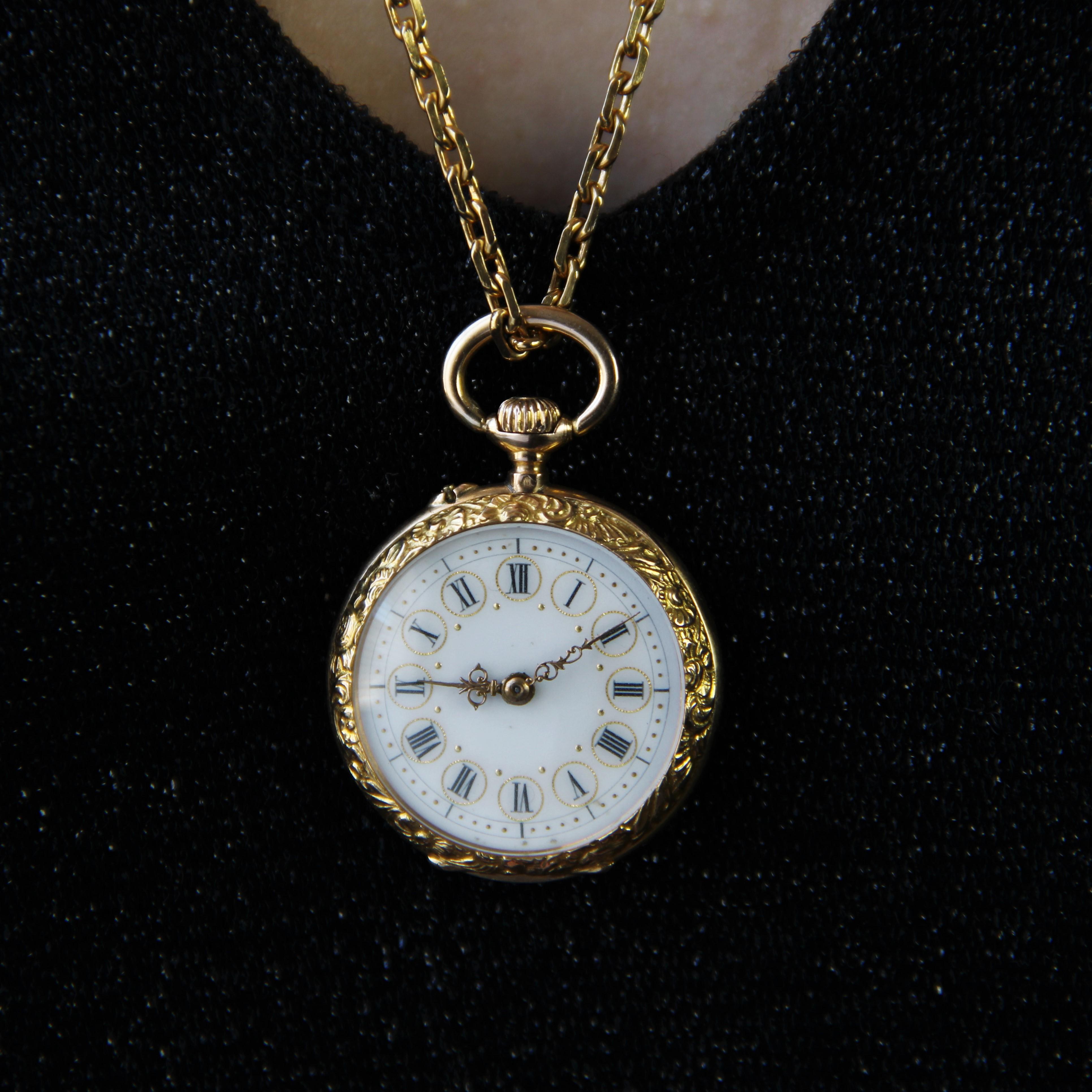 French 20th Century 18 Karat Yellow Gold Enamelled Pocket Watch For Sale 7