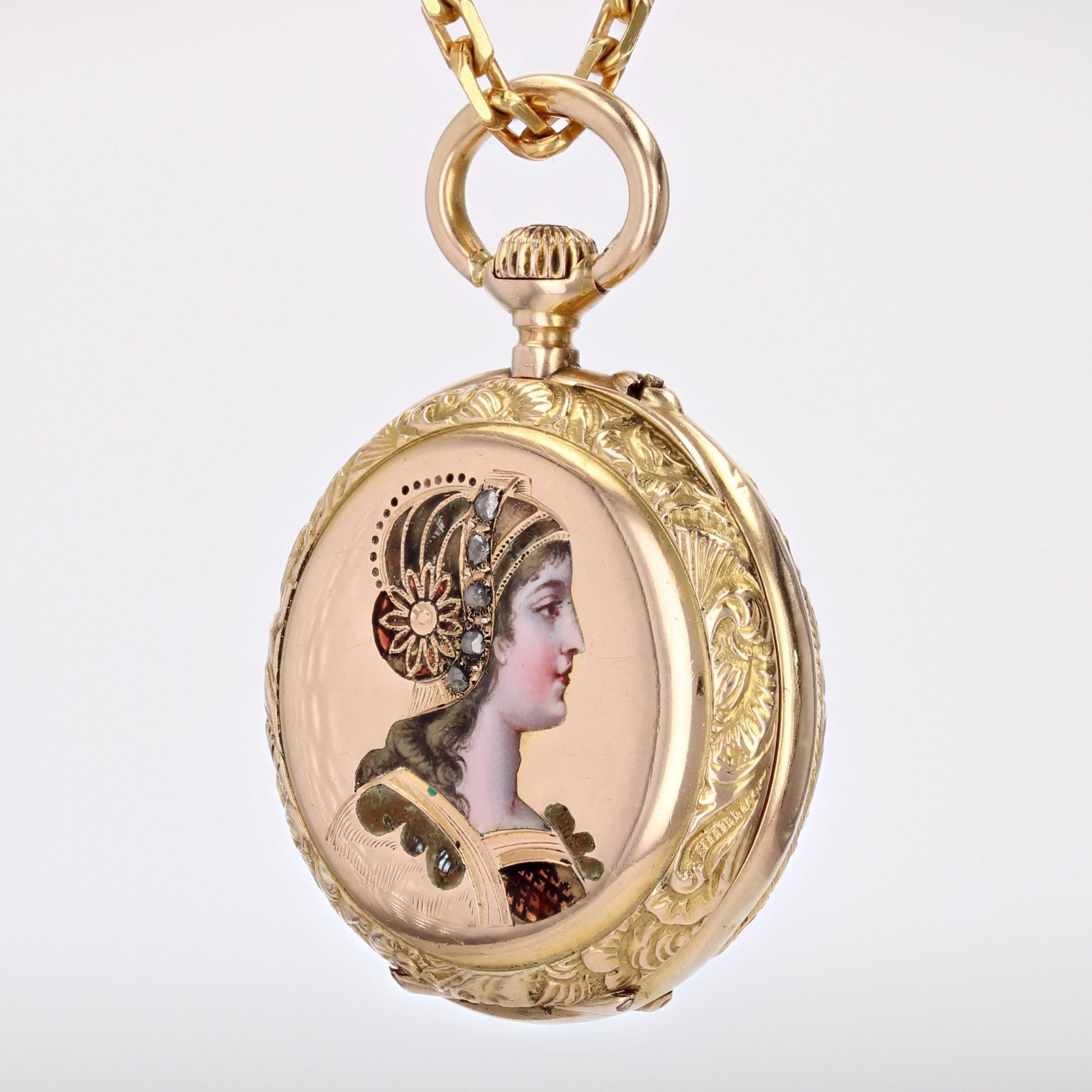 Rose Cut French 20th Century 18 Karat Yellow Gold Enamelled Pocket Watch For Sale