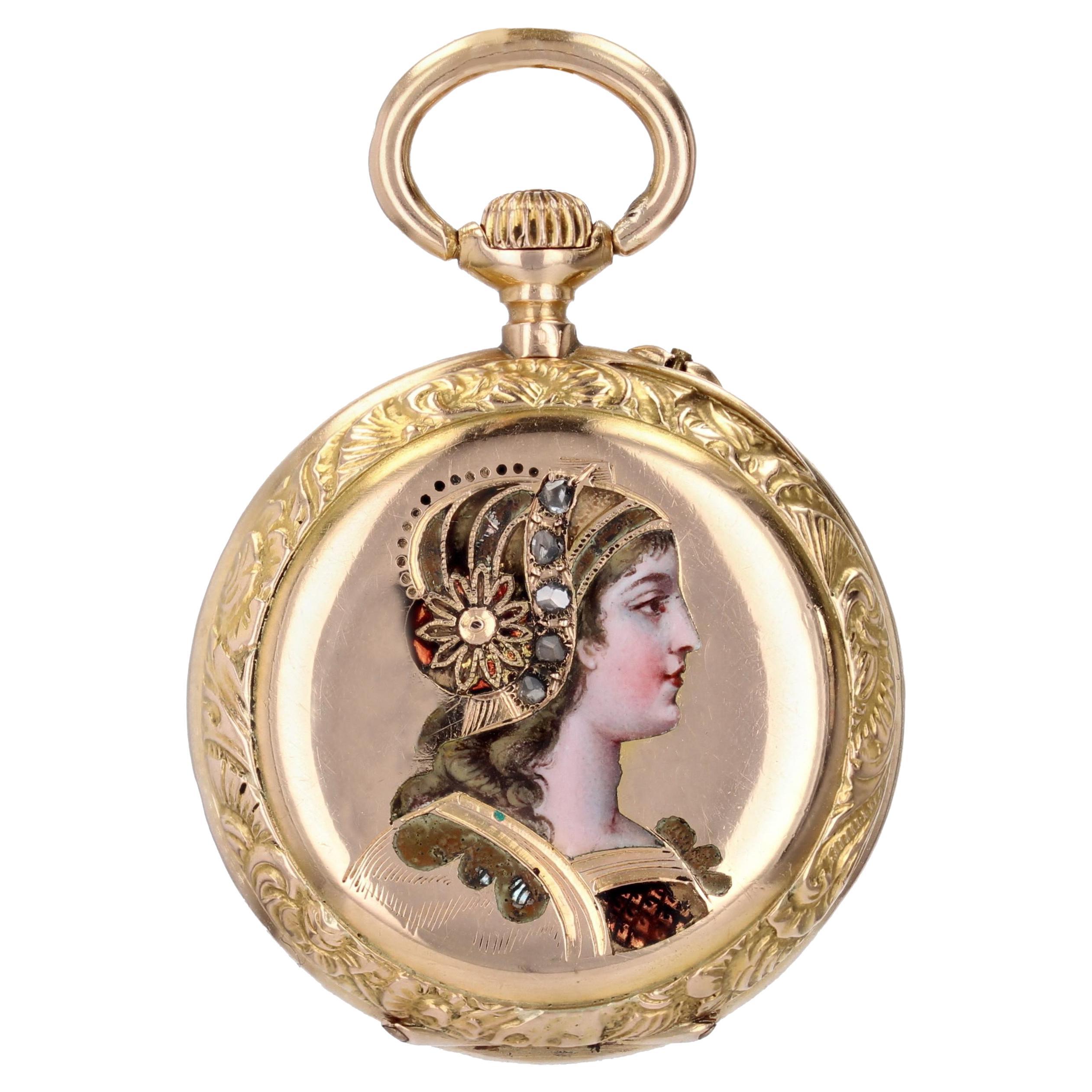 French 20th Century 18 Karat Yellow Gold Enamelled Pocket Watch For Sale