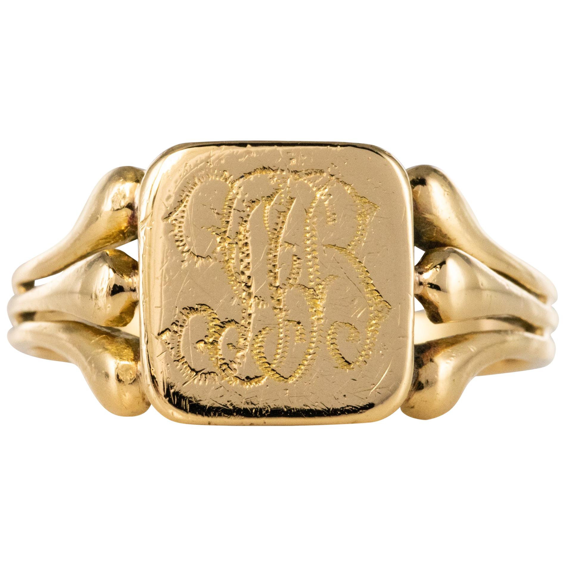 French 20th Century 18 Karat Yellow Gold Engraved Signet Ring