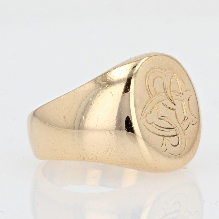 Bague Chevalière Ancienne Française En Or 18k - Monogramme Gravé, Taille 52, Occasion