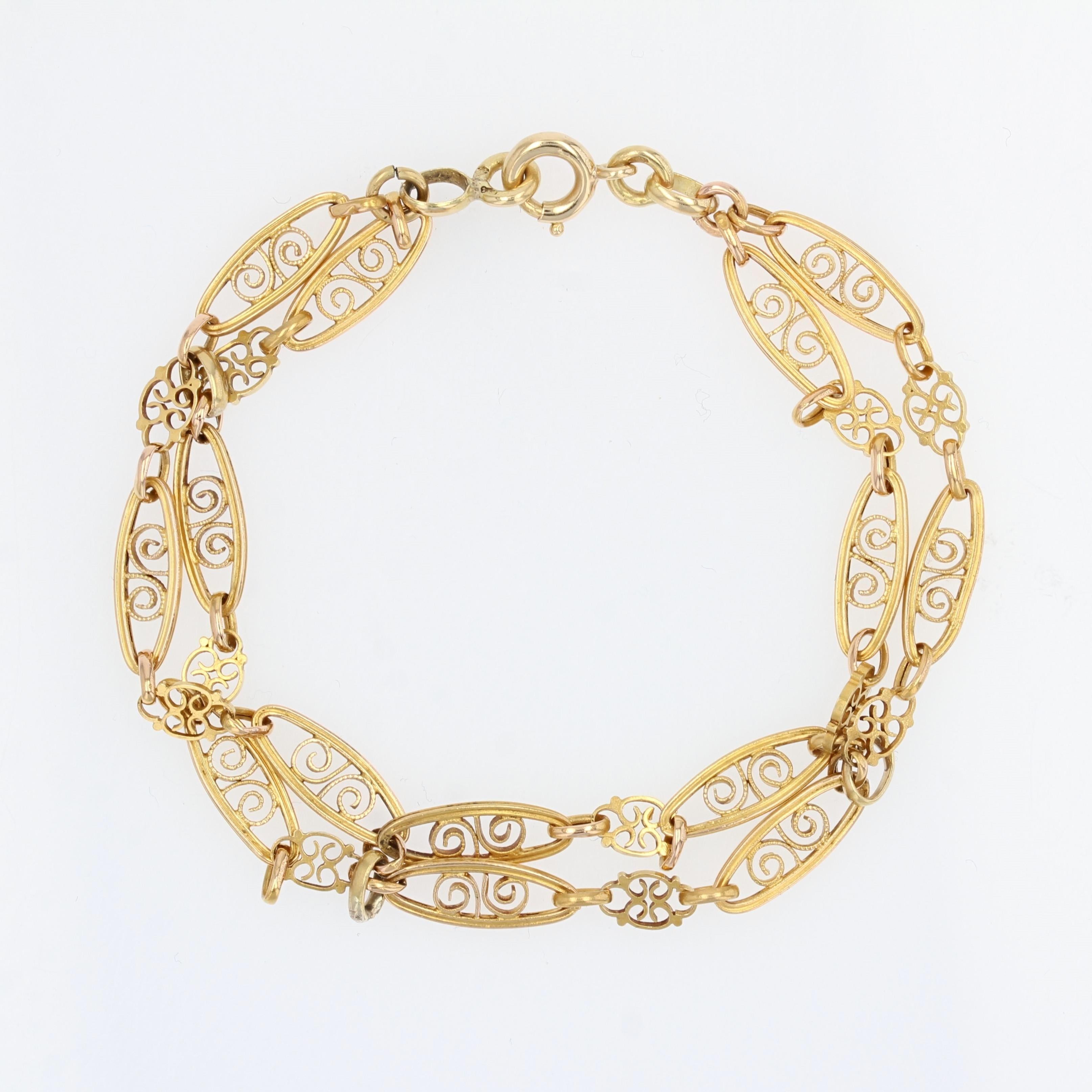 Women's French 20th Century 18 Karat Yellow Gold Filigree Double Row Bracelet For Sale
