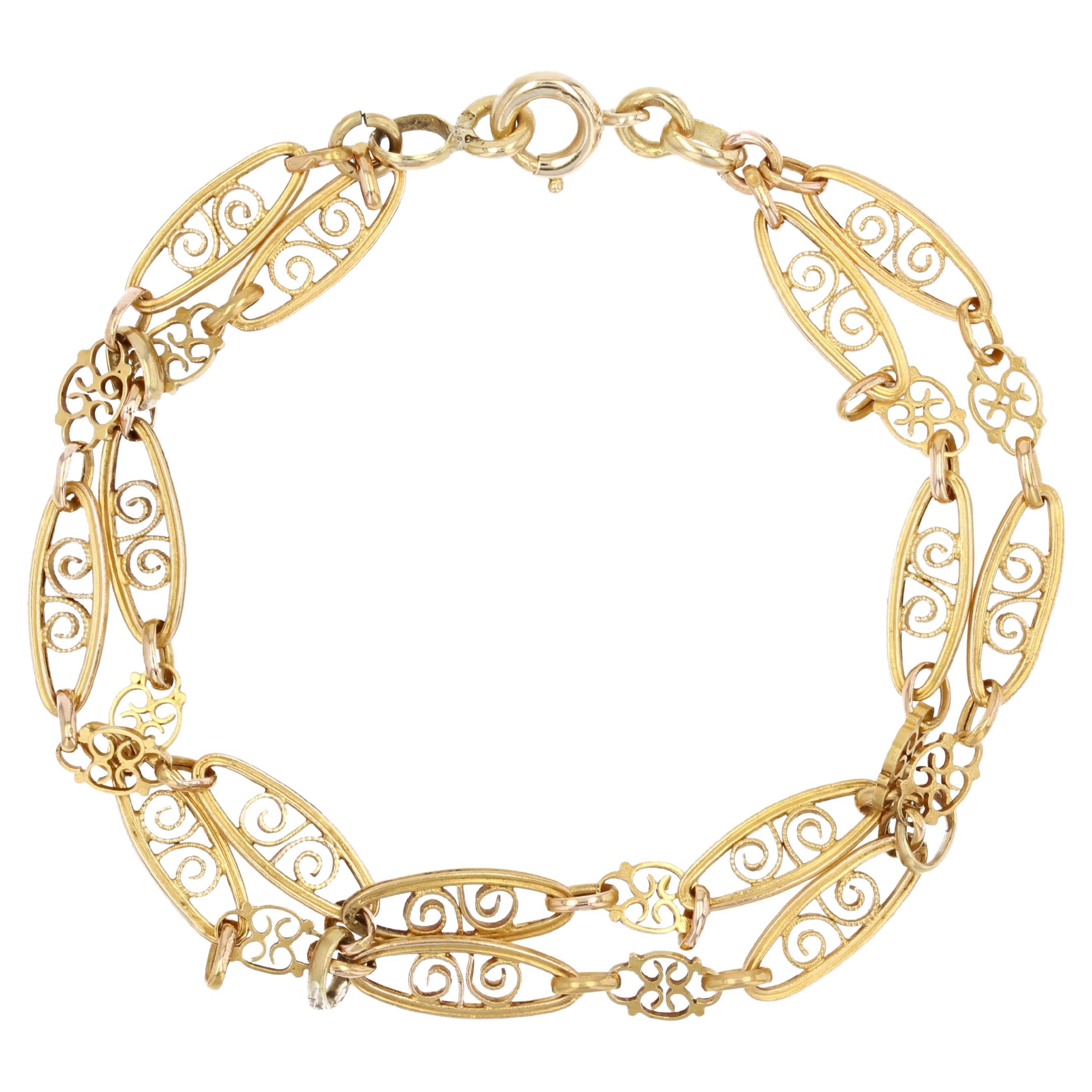 French 20th Century 18 Karat Yellow Gold Filigree Double Row Bracelet For Sale