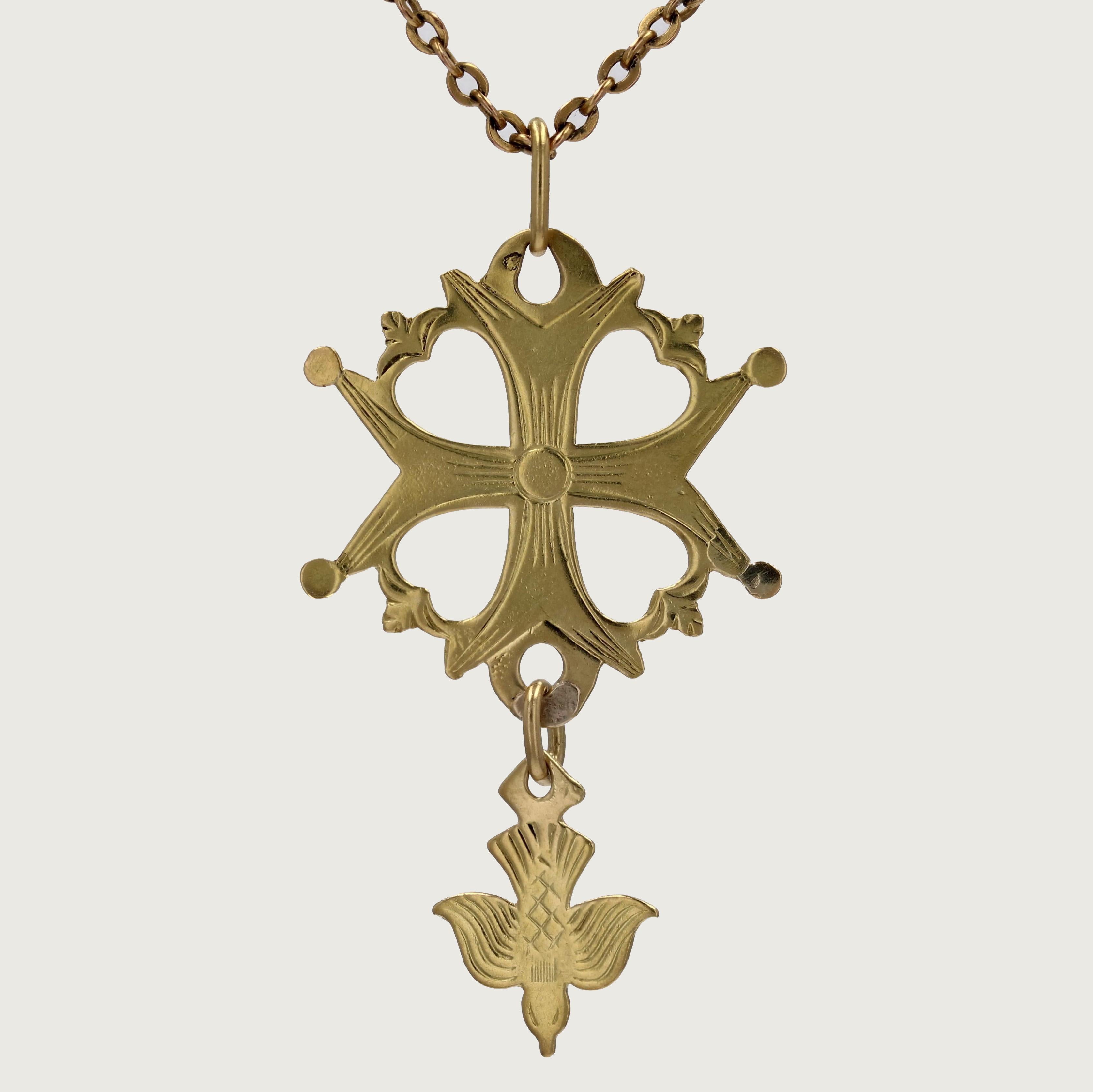 Retro French 20th century 18 Karat Yellow Gold Huguenot Cross Pendant