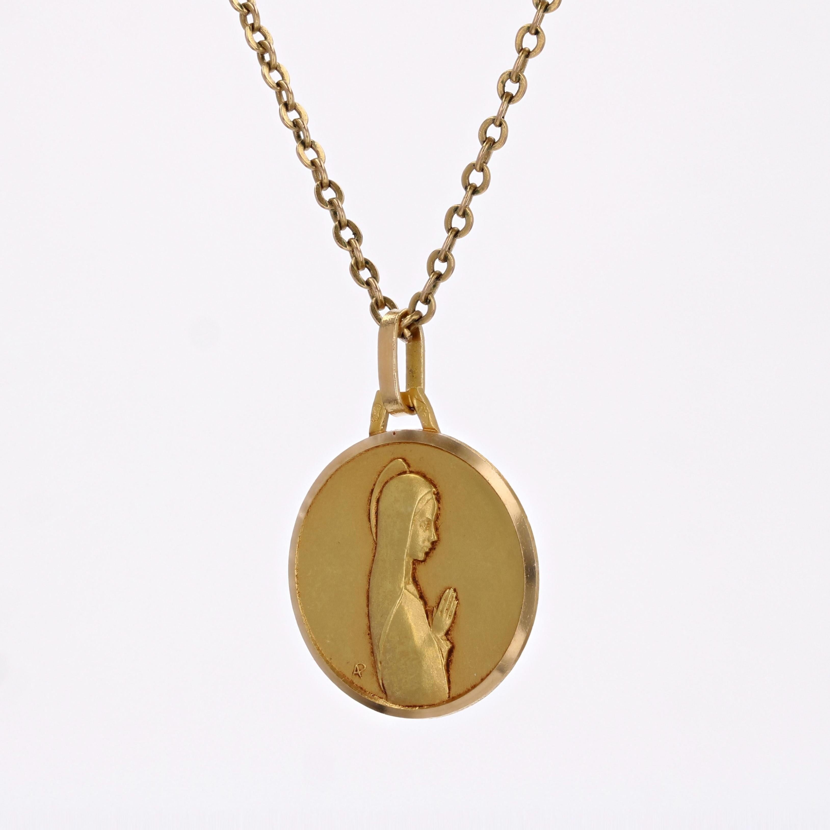 Women's French 20th Century 18 Karat Yellow Gold Praying Virgin Medal Pendant For Sale