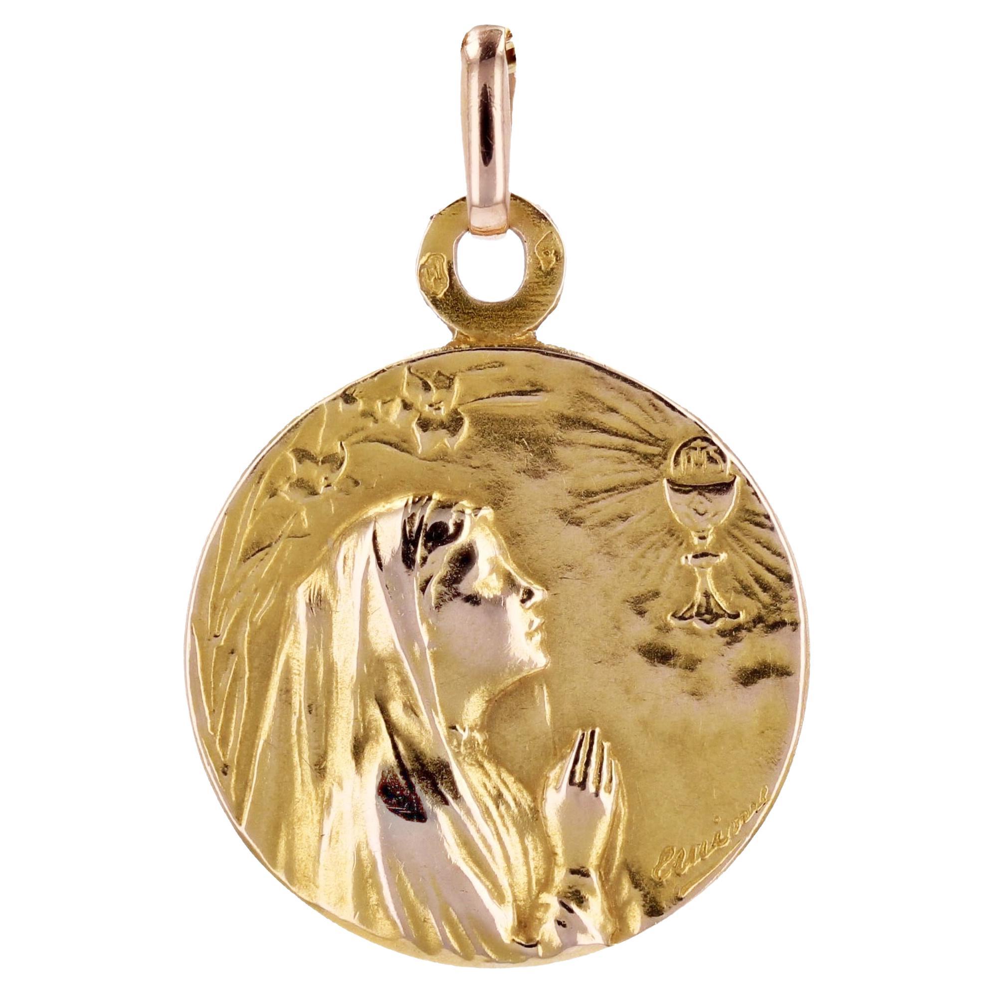 French 20th Century 18 Karat Yellow Gold Virgin and Chalice Medal Pendant