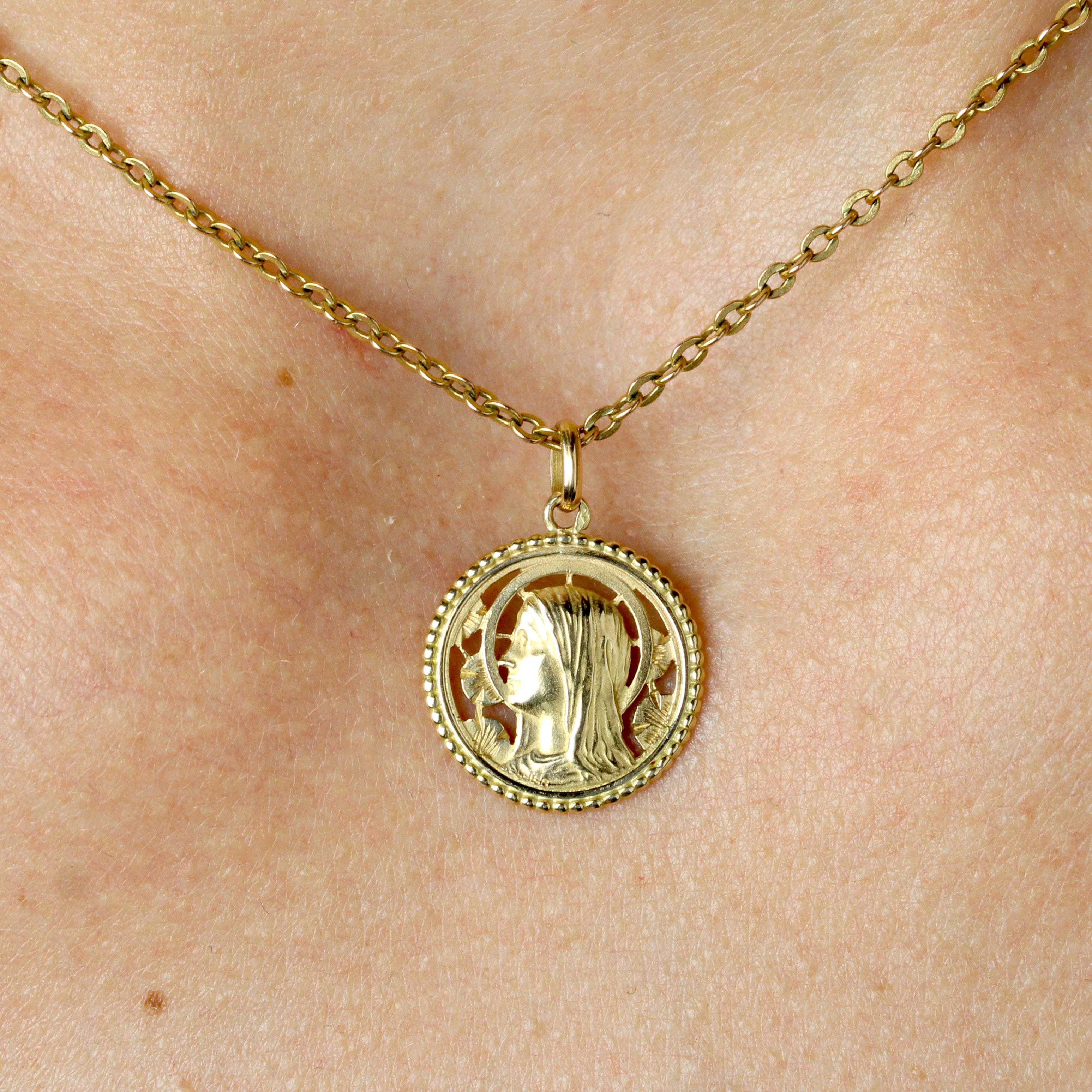 French 20th Century 18 Karat Yellow Gold Virgin Mary Openwork Medal Pendant 1