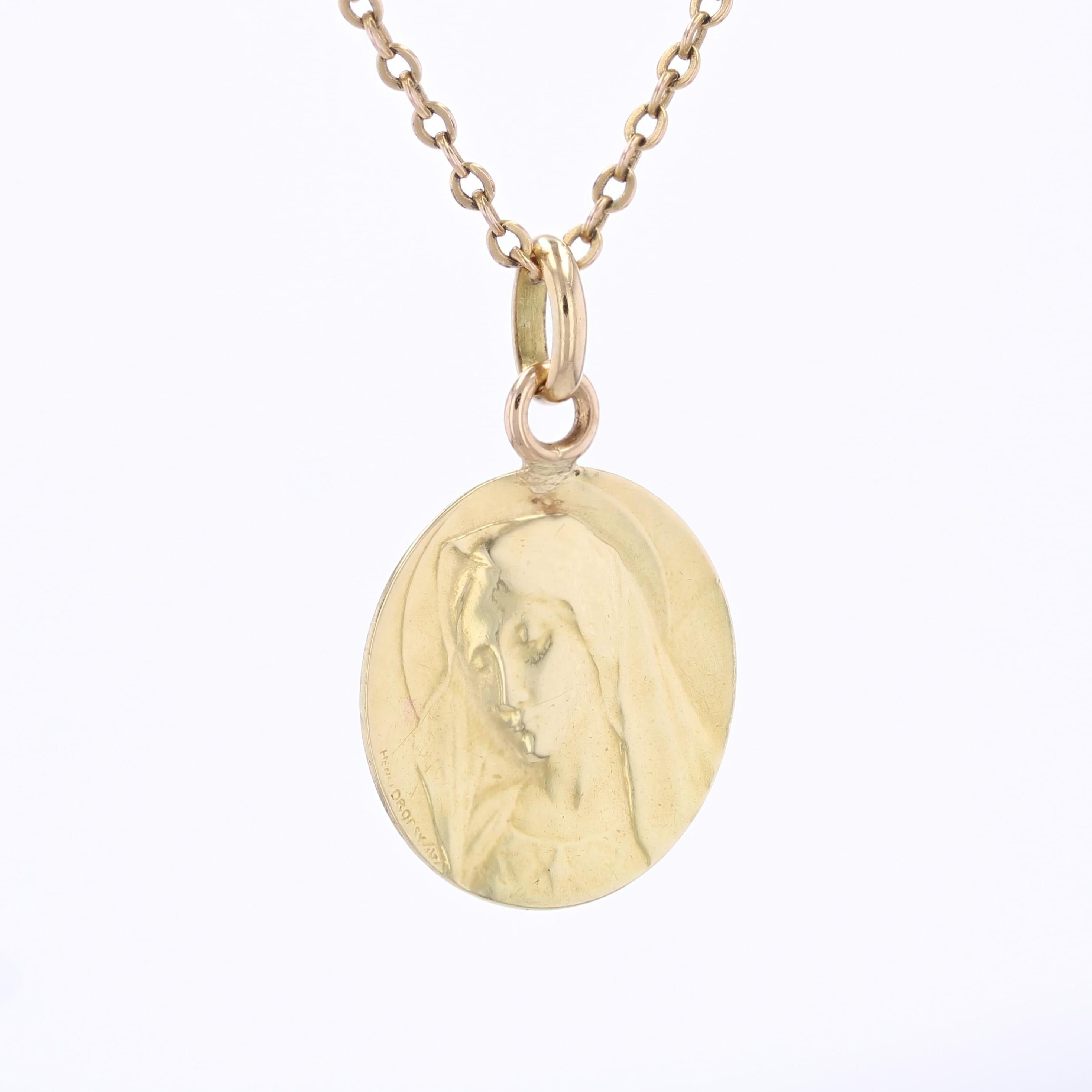 Französisch 20. Jahrhundert 18 Karat Gelbgold Jungfrau Maria signiert Dropsy Medal Anhänger im Zustand „Gut“ im Angebot in Poitiers, FR
