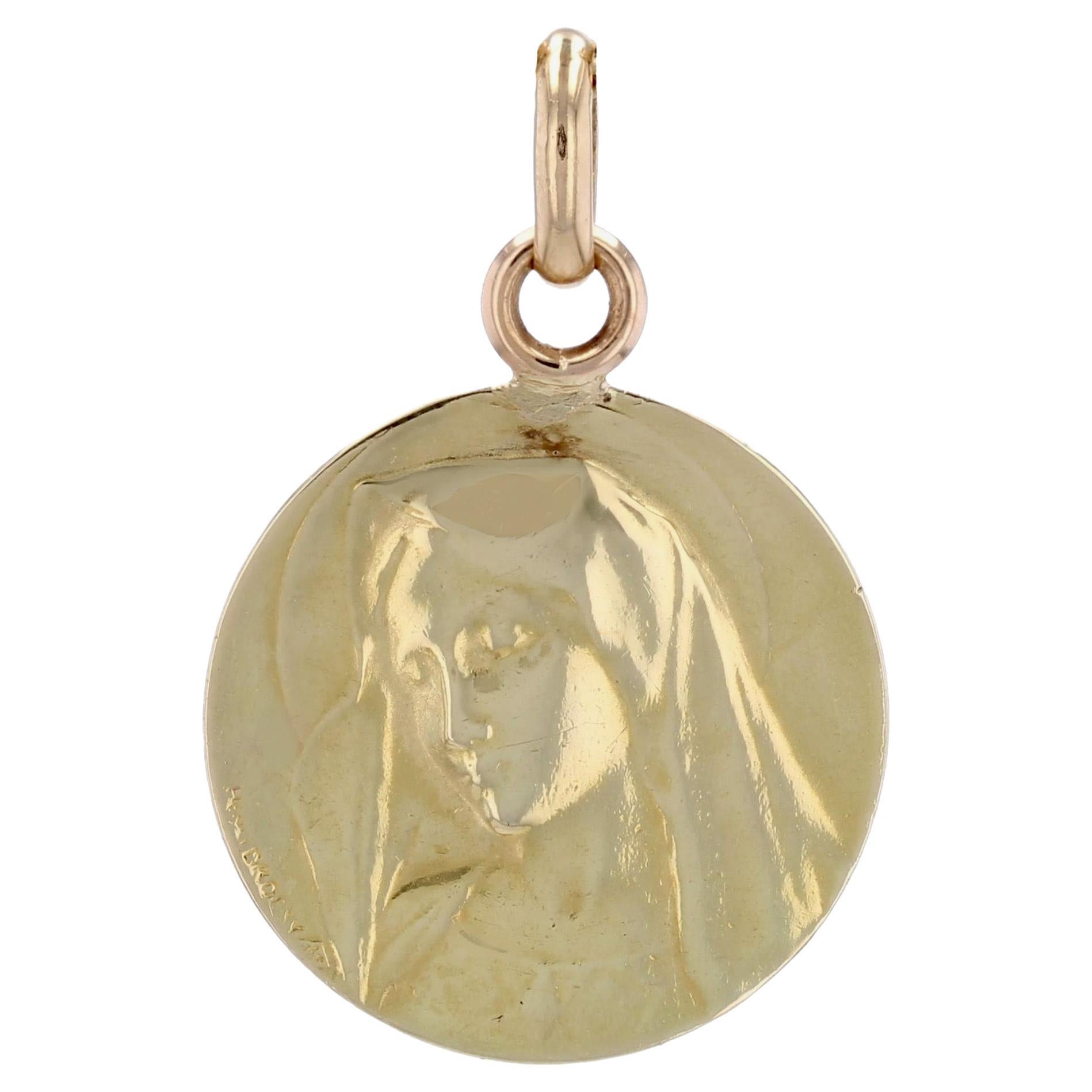 French 20th Century 18 Karat Yellow Gold Virgin Mary Signed Dropsy Medal Pendant