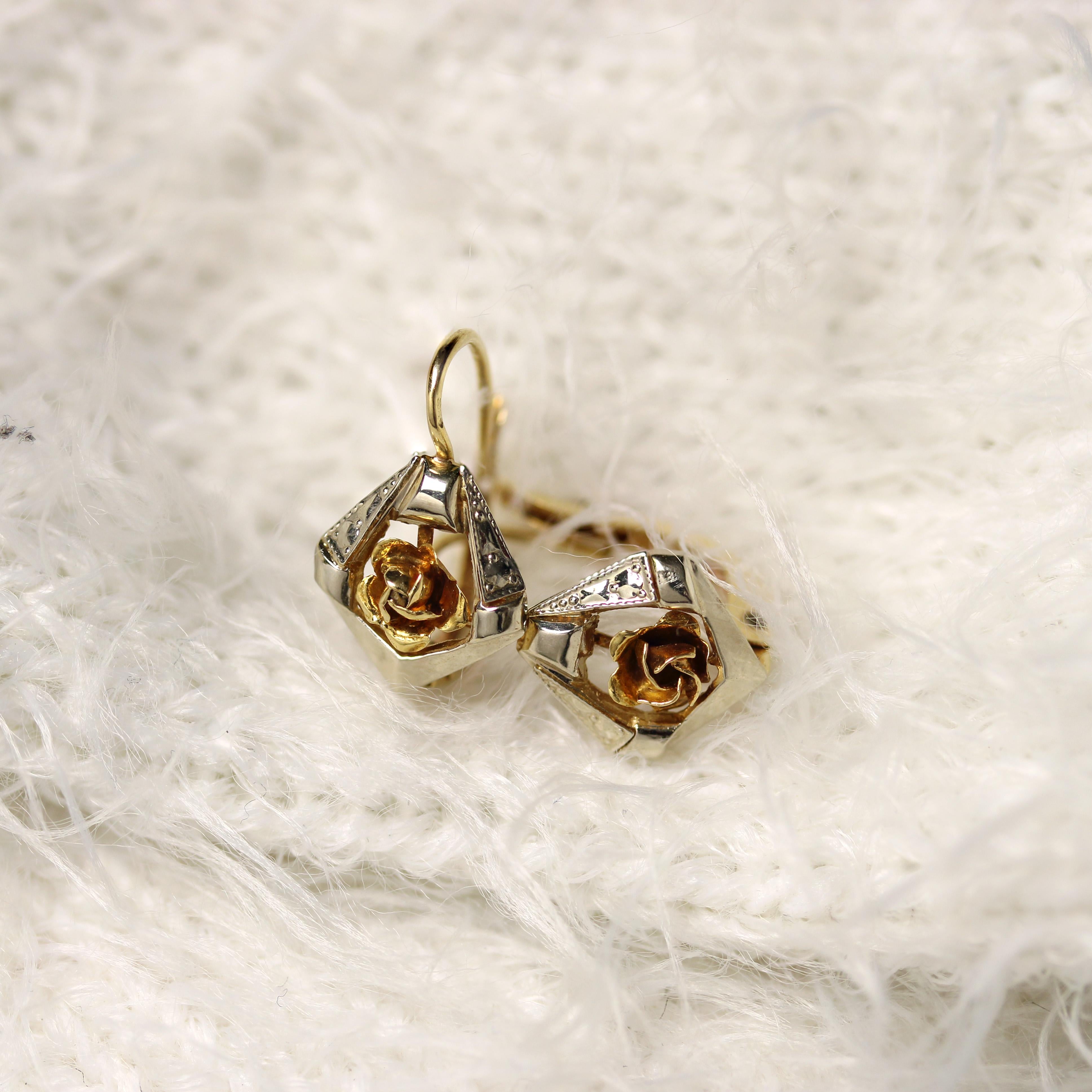 Belle Époque French 20th Century 18 Karat Yellow White Gold Lever Back Earrings For Sale
