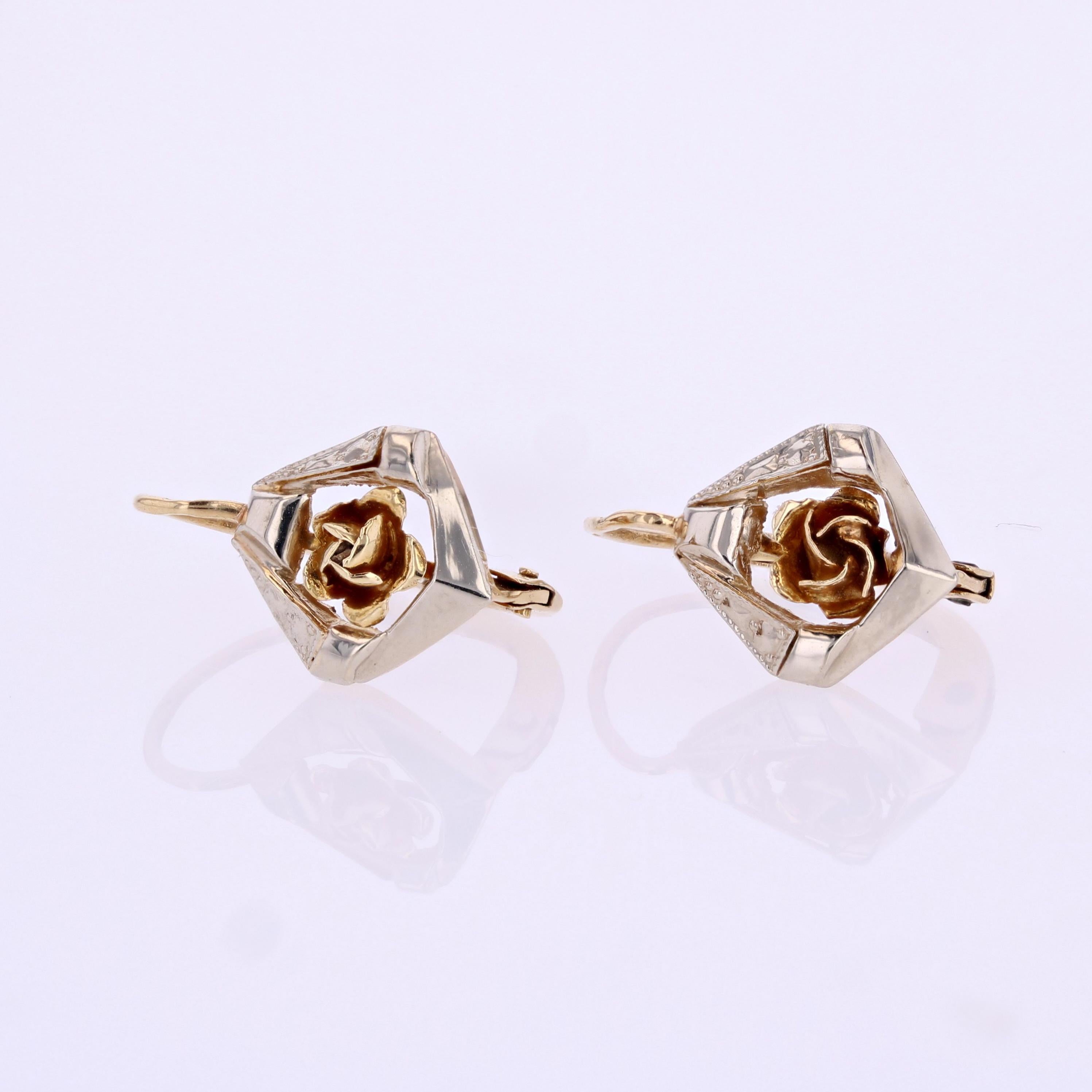 French 20th Century 18 Karat Yellow White Gold Lever Back Earrings In Good Condition For Sale In Poitiers, FR